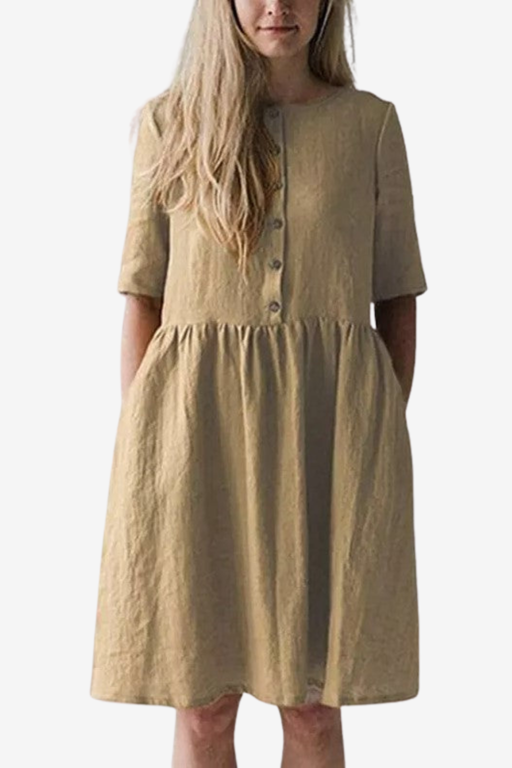 Women's Cotton Linen Midi Dress - Relaxed Fit Short Sleeve with Pockets &amp; Buttons