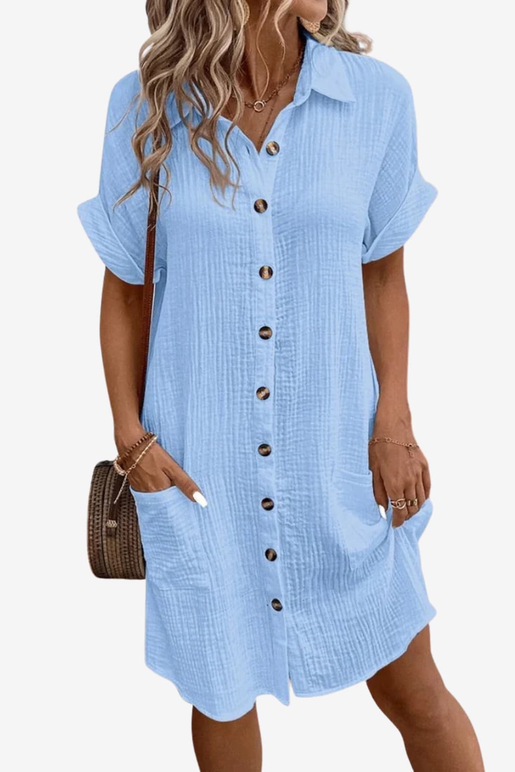 Women's Linen Shirt Dress, Short Sleeve, Button-Down, Knee-Length
