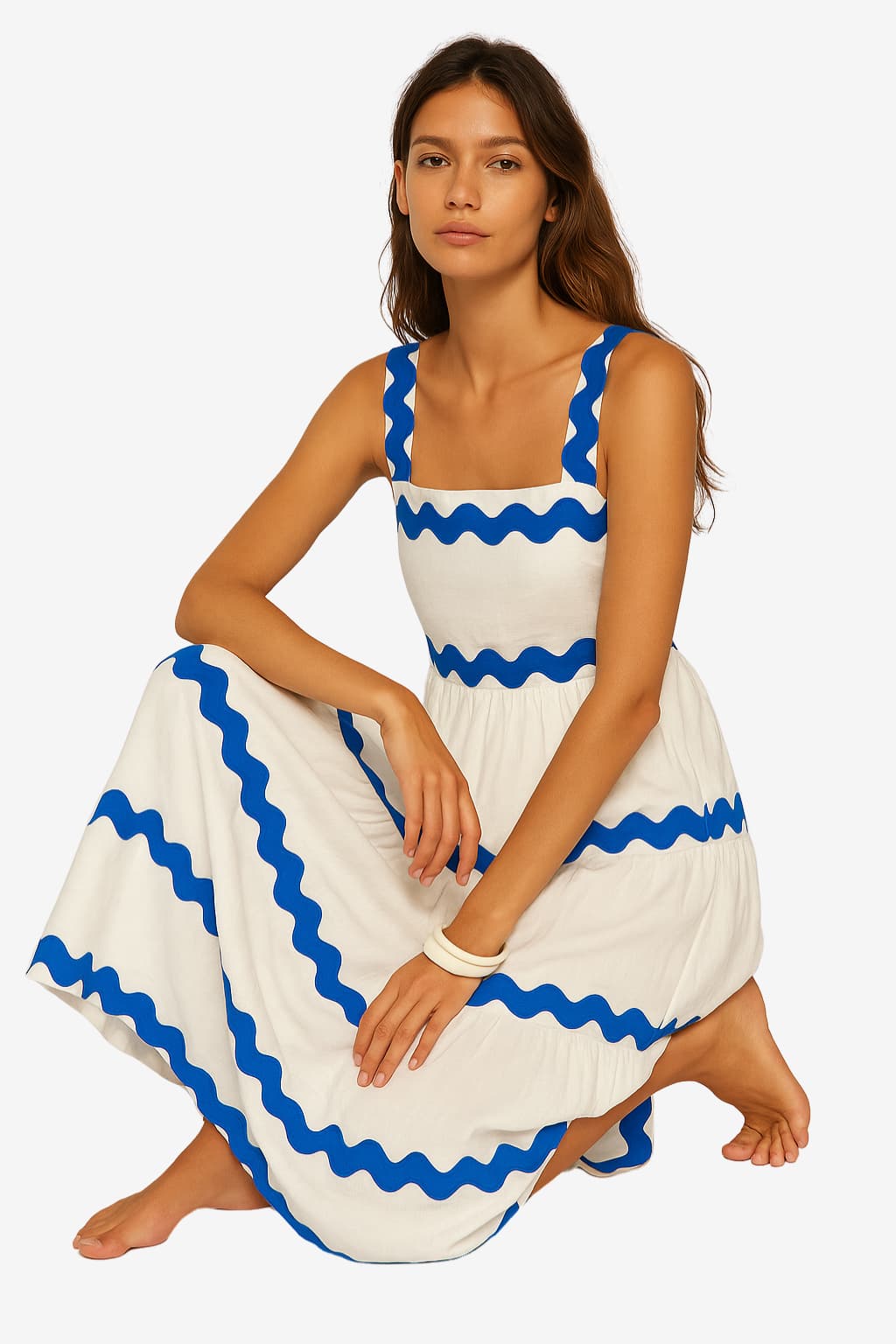 Women’s White Tiered Maxi Dress with Blue Trim
