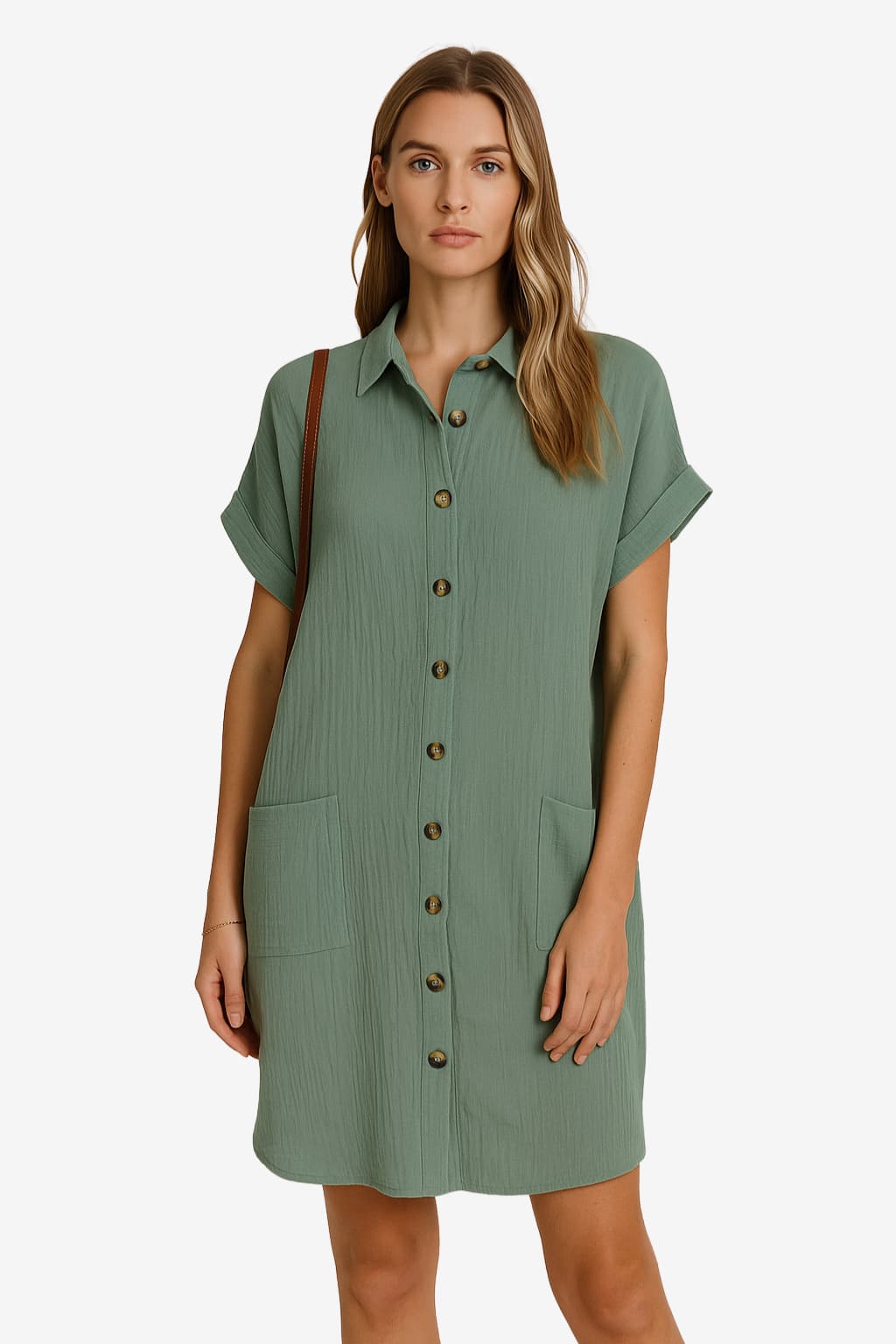 Women's Linen Shirt Dress, Short Sleeve, Button-Down, Knee-Length