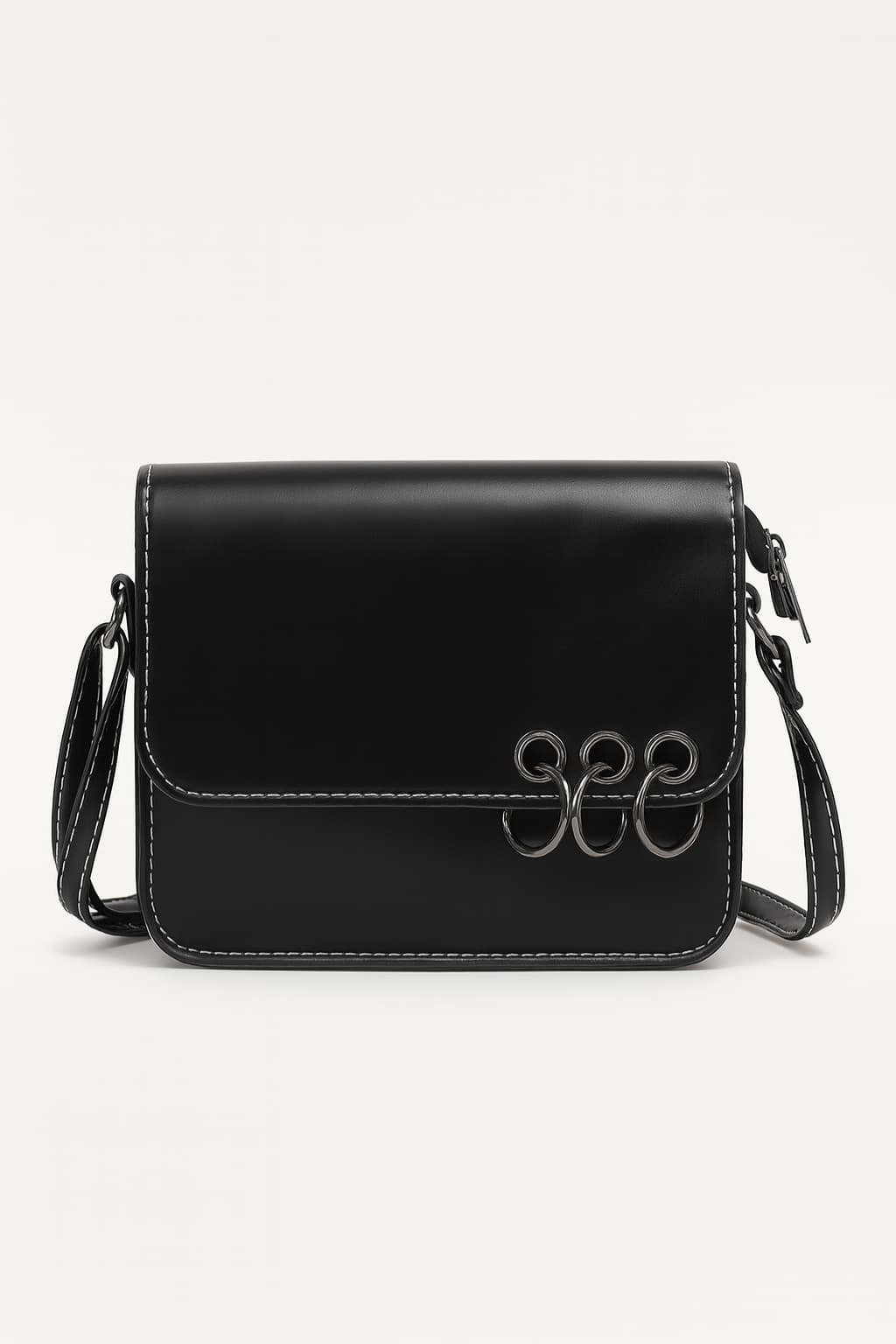 Women's Black Faux Leather O-Ring Small Crossbody Shoulder Bag