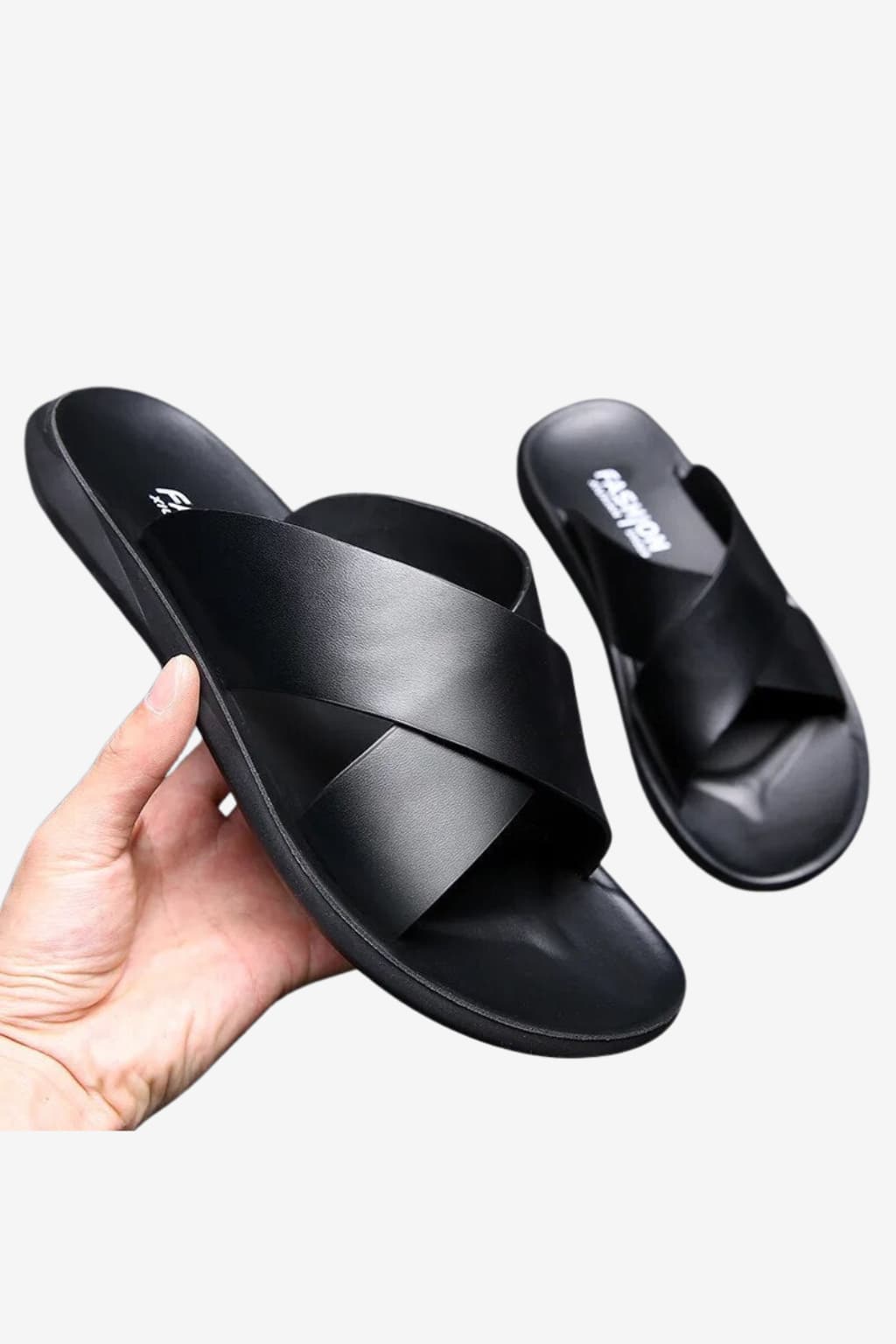 Men's Leather Cross Strap Slides Casual Sandals