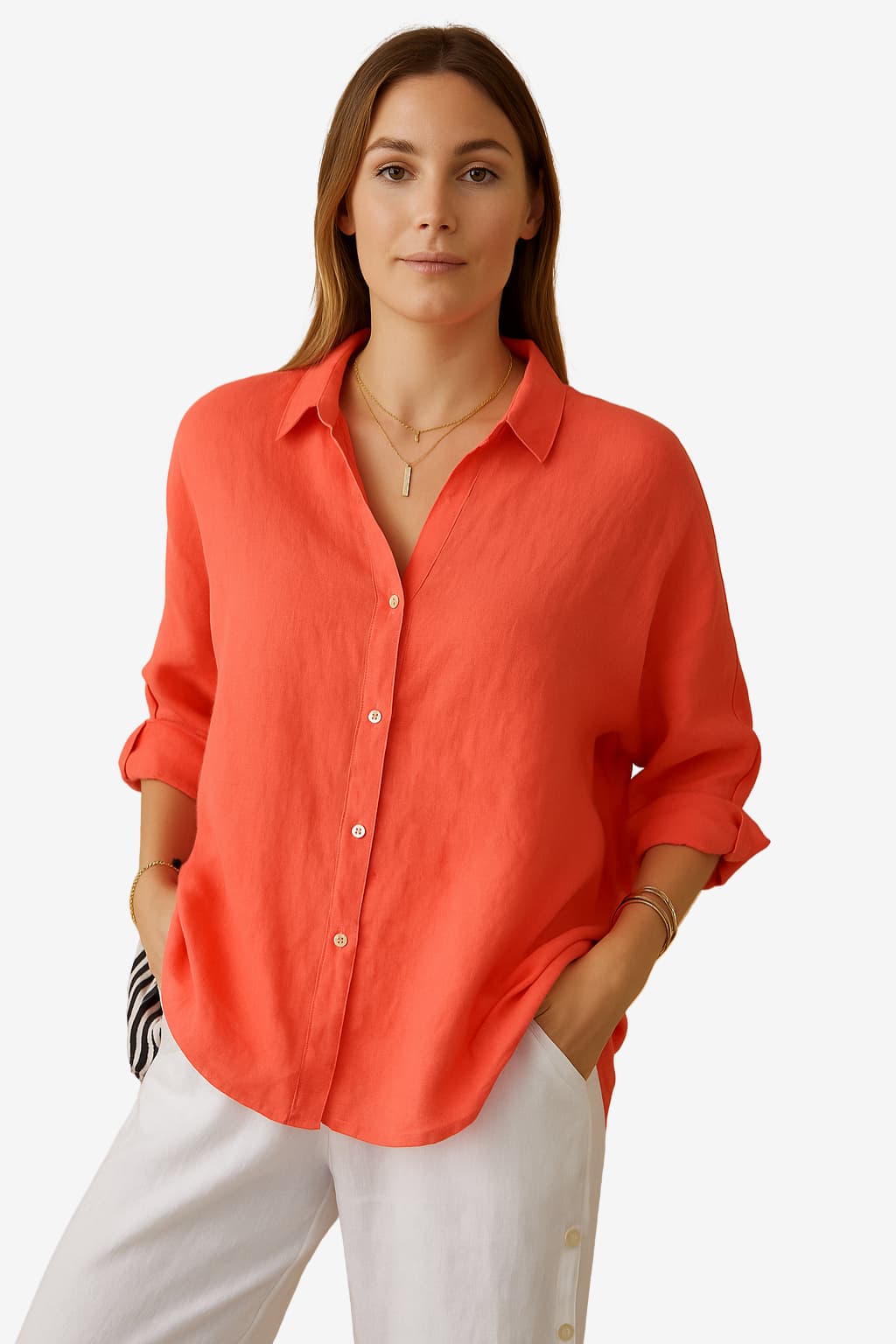 Women’s Linen Button-Up Shirt Long Sleeve Relaxed Fit