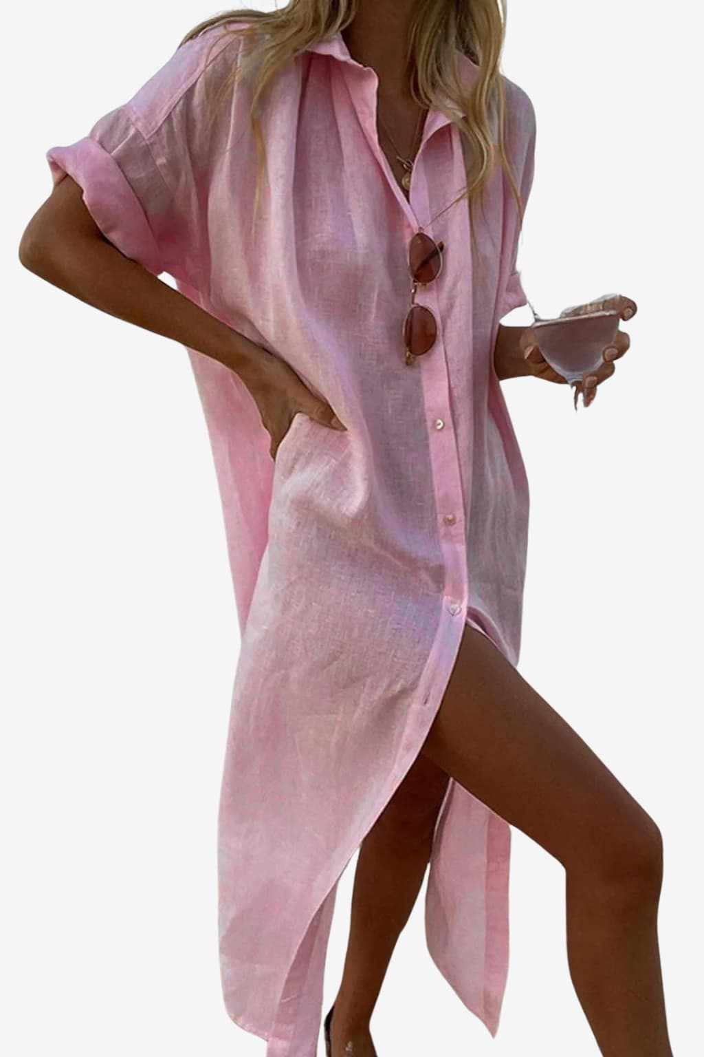 Women's Long Linen Blend Shirt Dress - Button Down Relaxed Fit