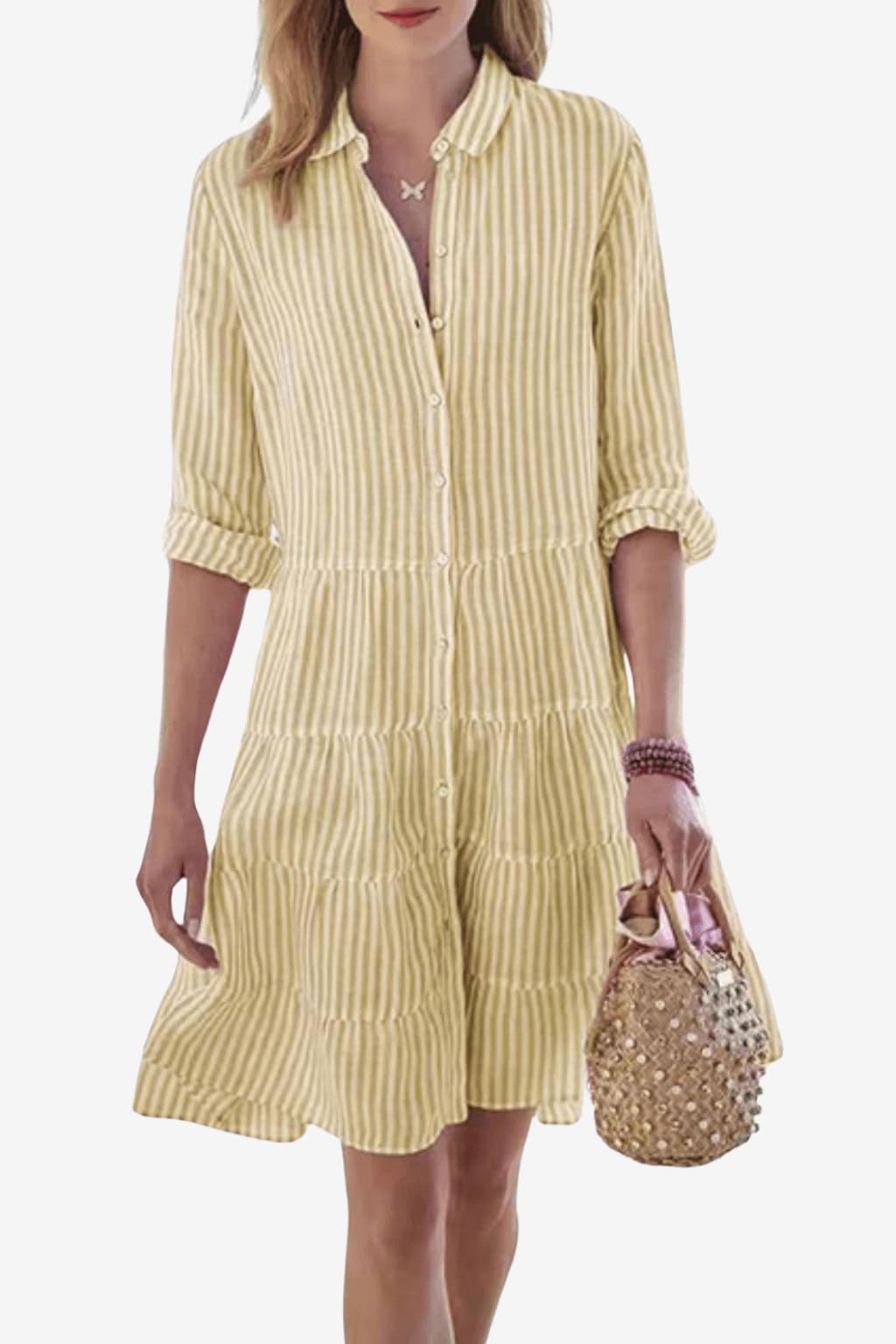 Women’s Striped Shirt Dress Button Up Knee Length Casual
