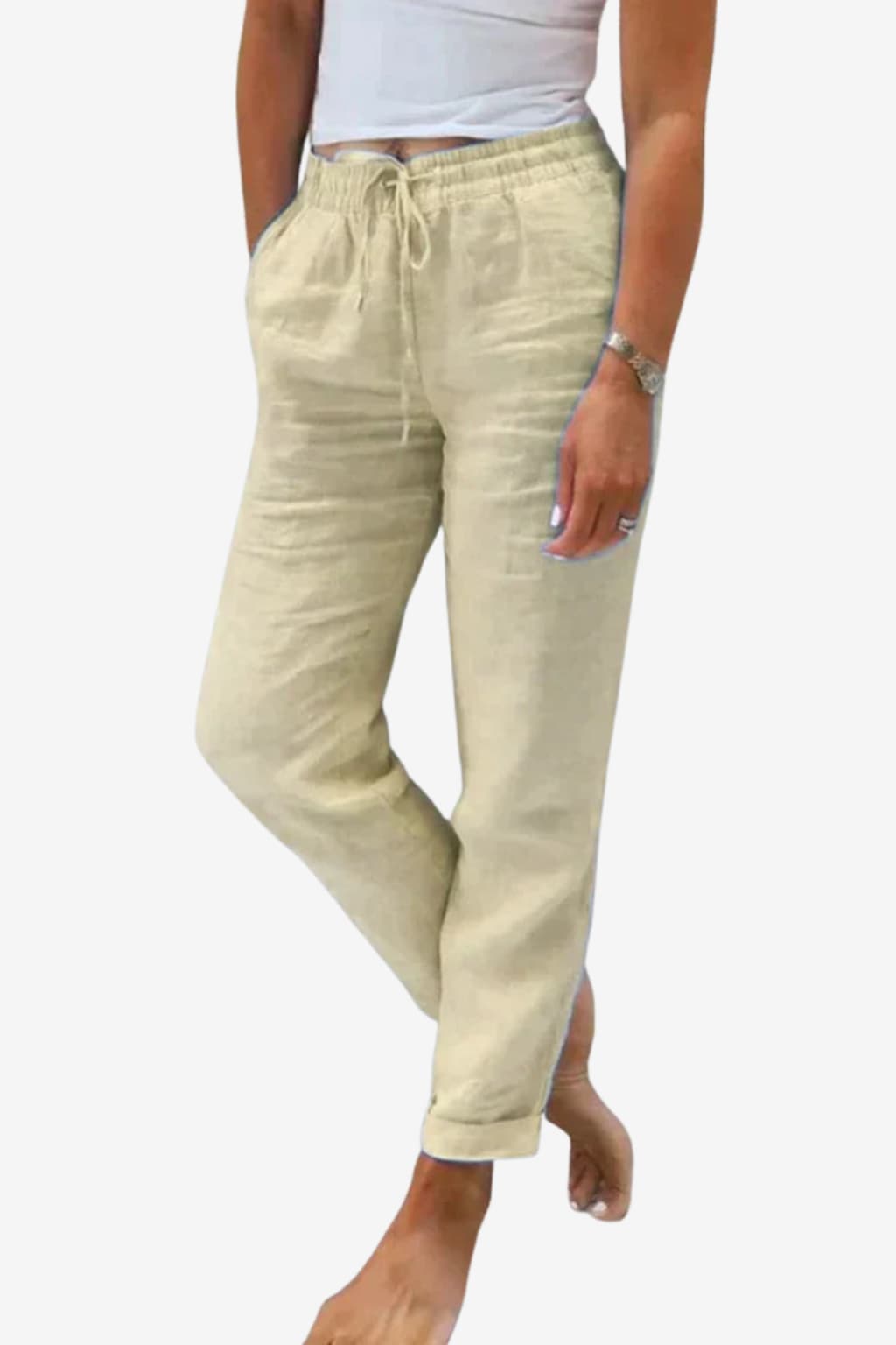 Women's Linen Trousers Loose Fit Elastic Waist Drawstring