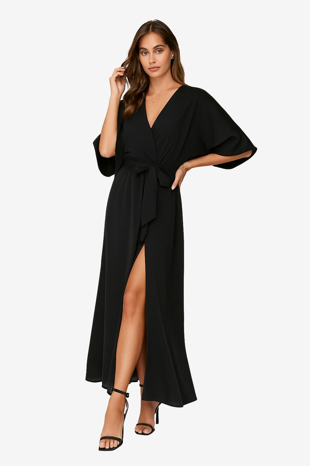 Women's Maxi Dress with V-Neck, Tie Waist, and High Slit