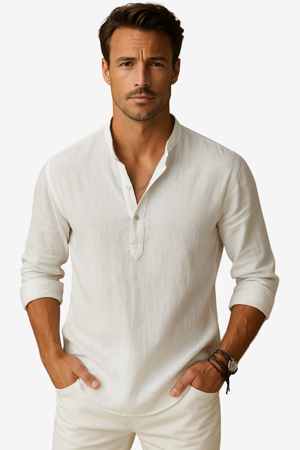 Men's Long - Sleeve Henley Shirt Purple Mandarin Collar