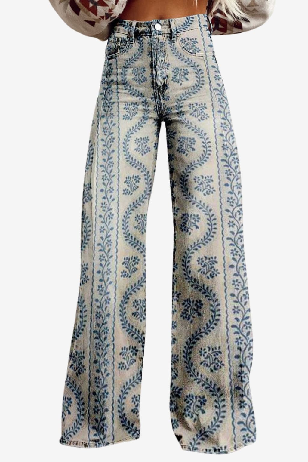 Women's Vintage Daisy Print Wide-Leg Trousers High-Waisted