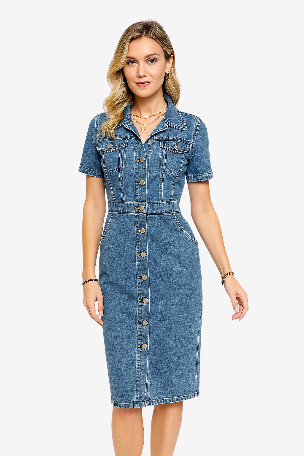 Women's Midi Denim Dress with Button Front and Short Sleeves