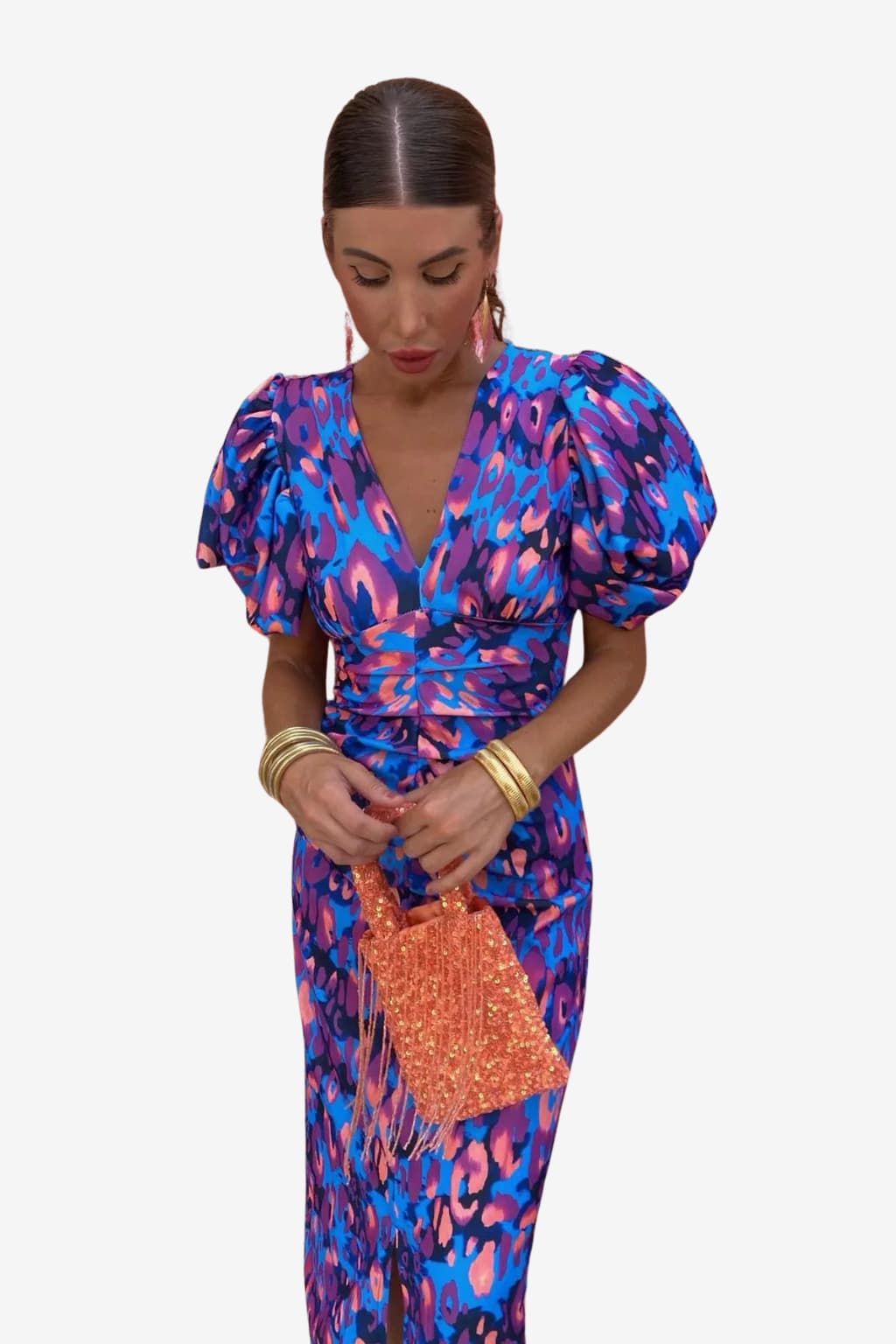 Women's Animal Print Midi Dress Short Sleeve V - Neck