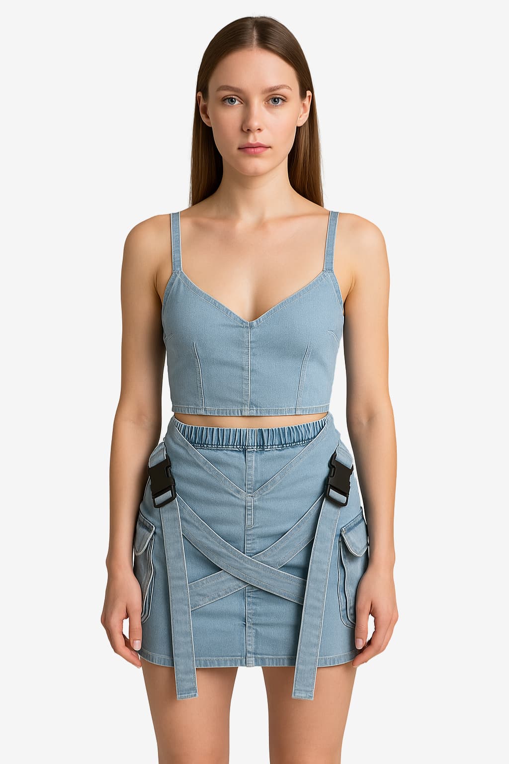 Women's Denim Mini Skirt V-Waist Buckle Flap Pocket Slim Fit