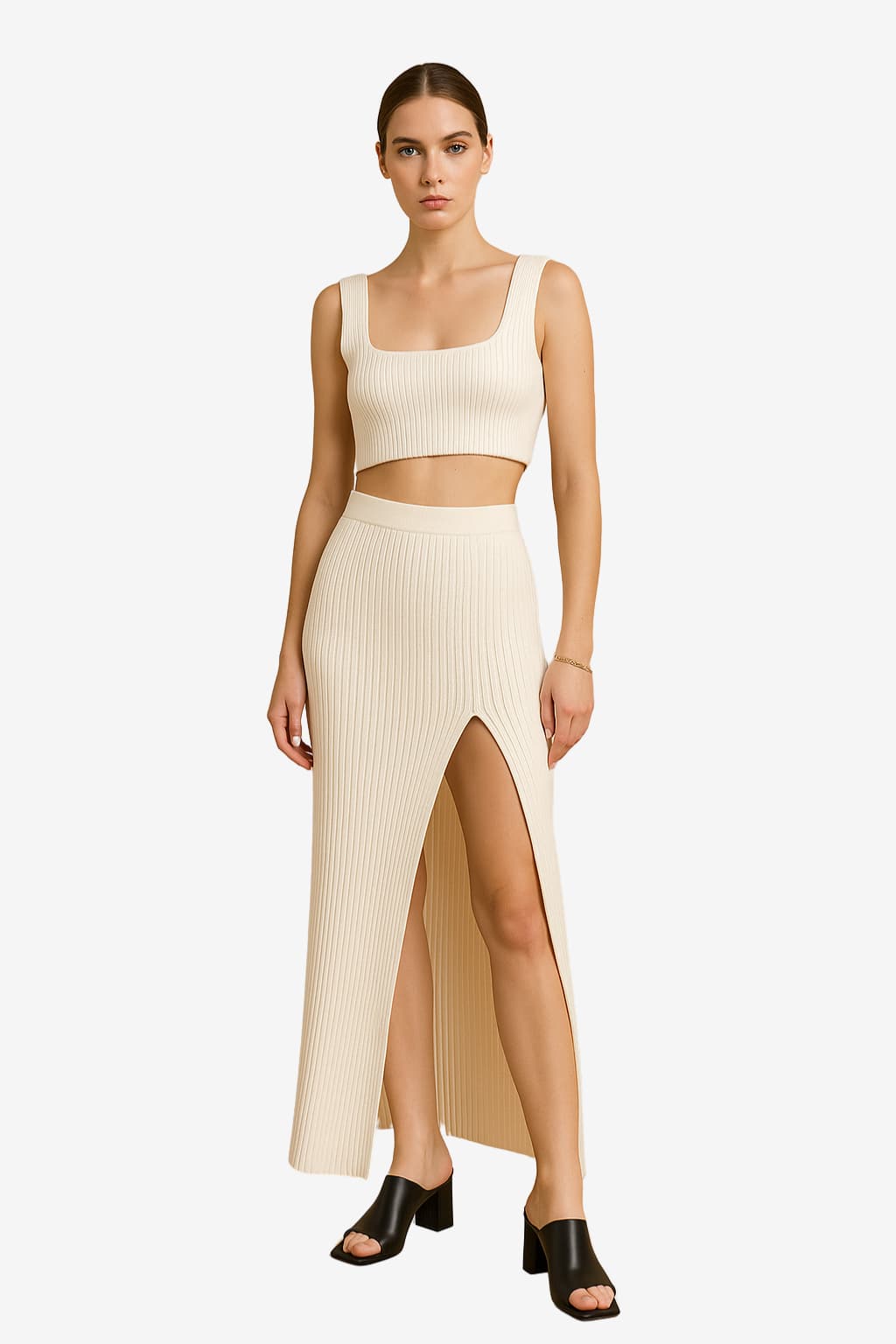 Women’s Ribbed Knit Midi Skirt Set High Waist Sleeveless