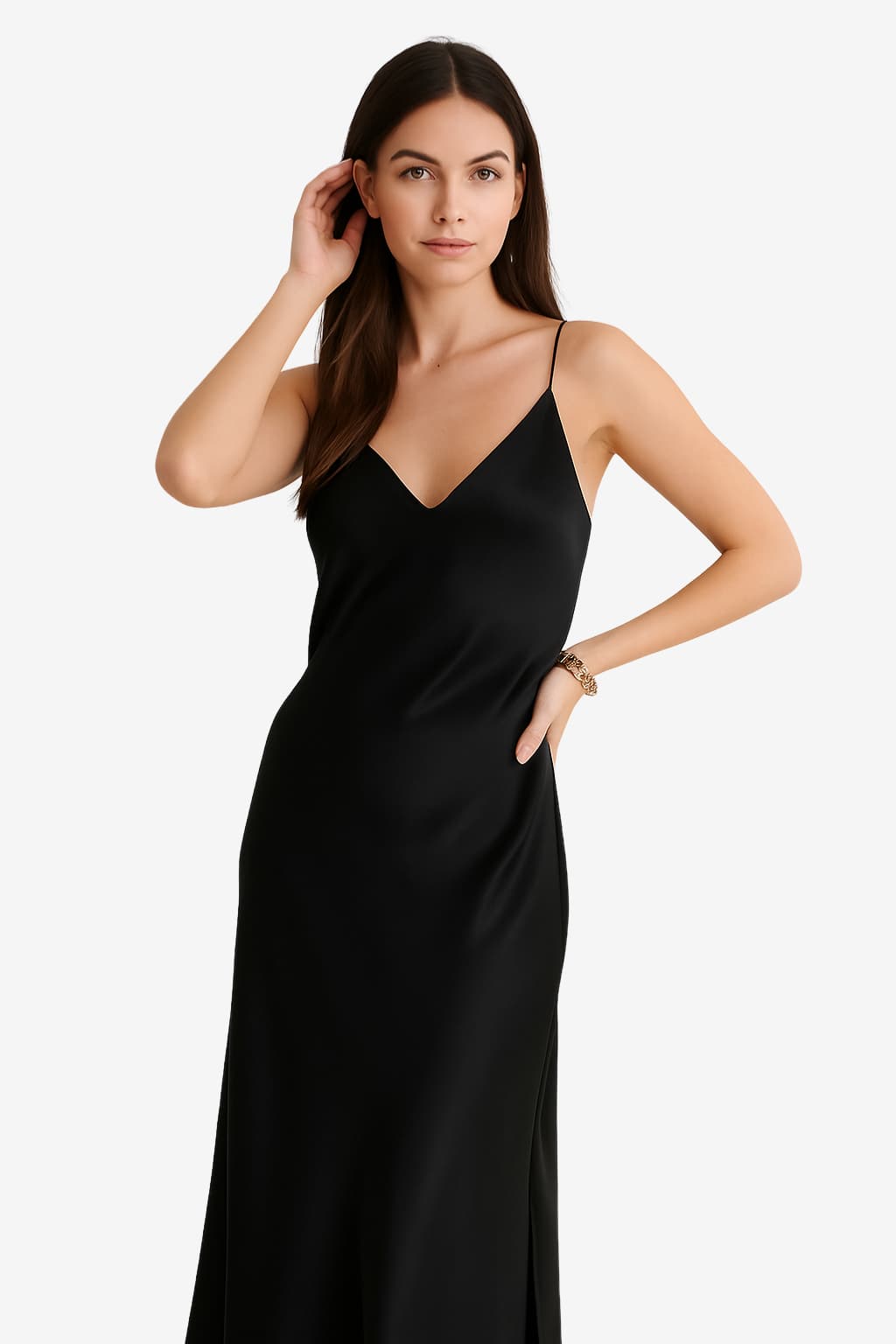 Women's Satin Maxi Dress with Deep V-Neck and Side Slit