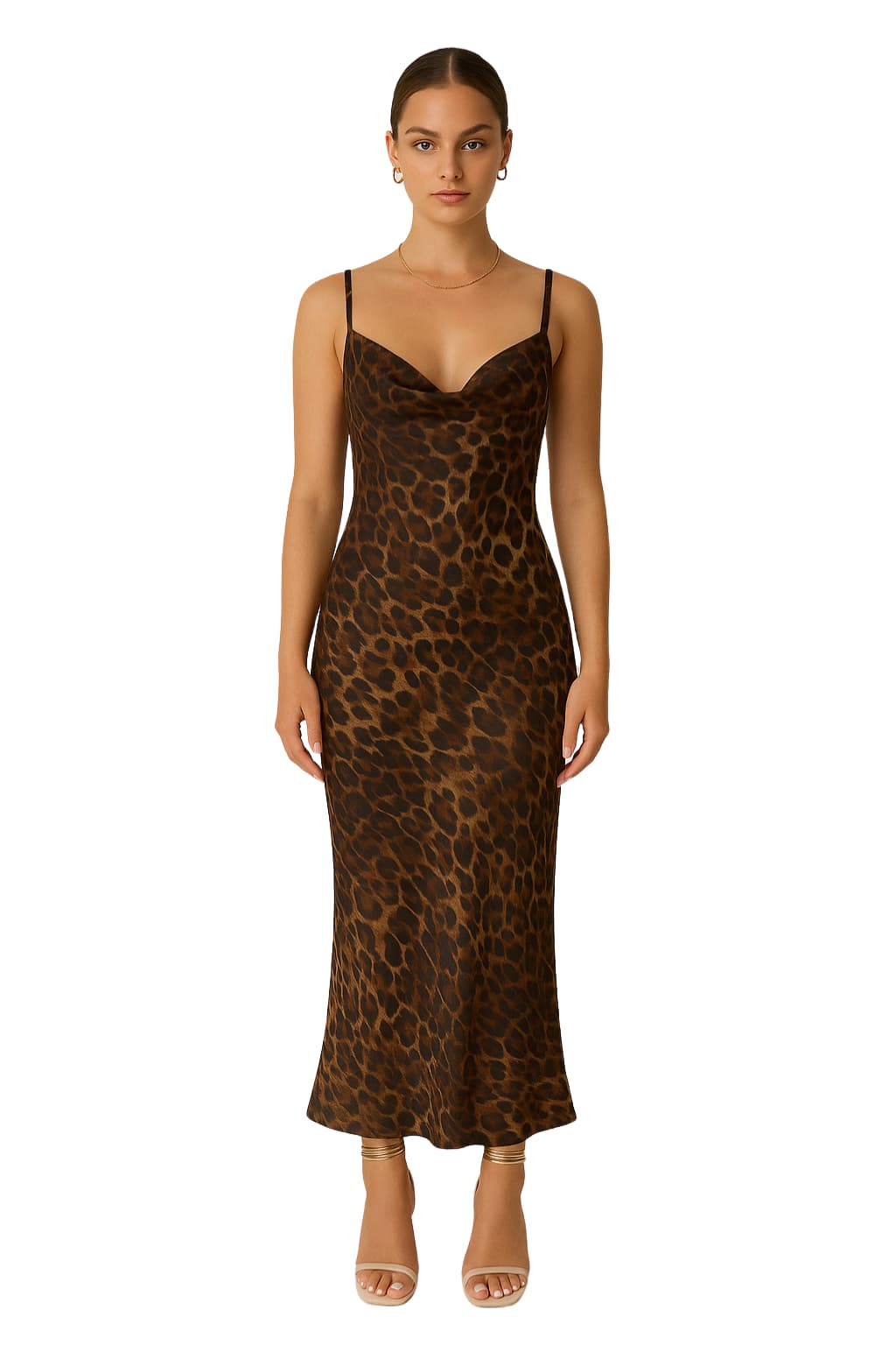 Women’s Leopard Print Maxi Slip Dress Cowl Neck
