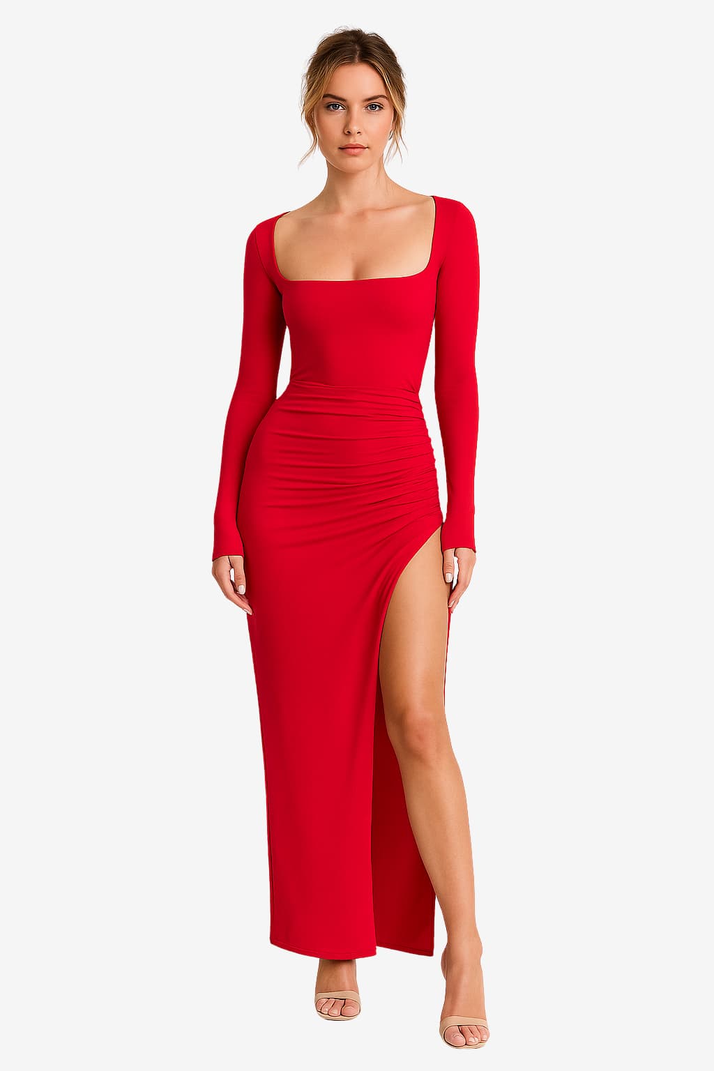 Women's Long Sleeve Maxi Dress with Asymmetrical Split