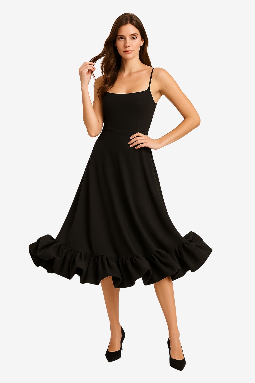 Women's Midi Dress with Spaghetti Straps and Ruffled Hem