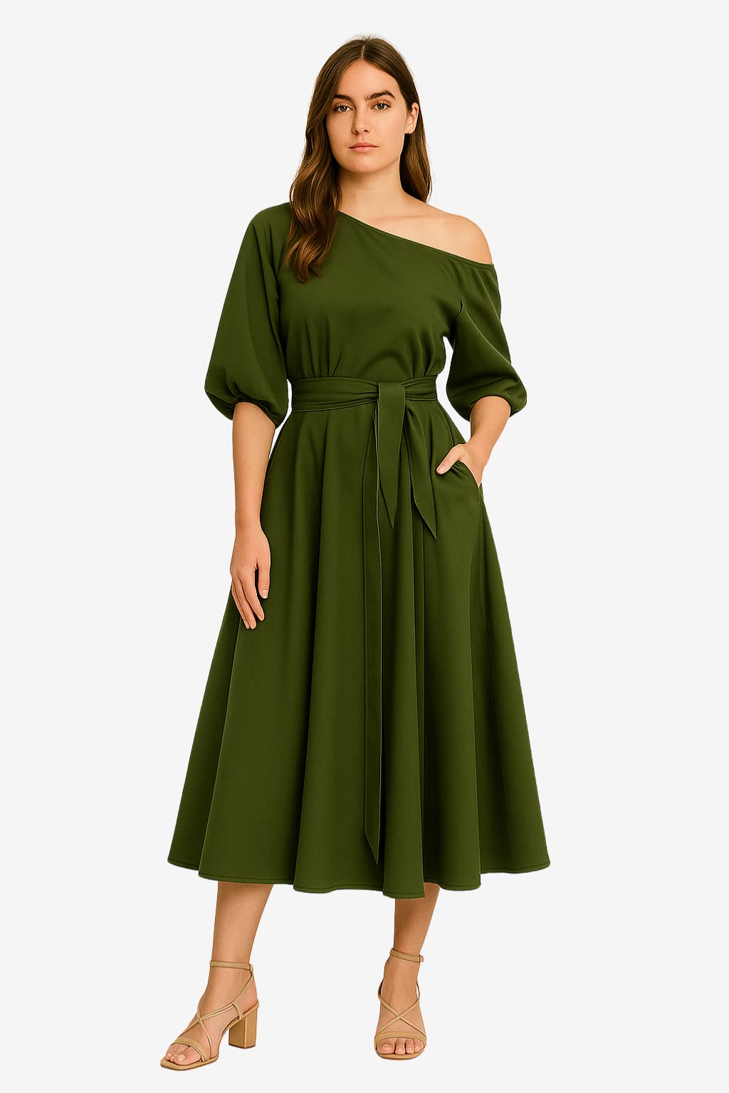 Women’s Off-Shoulder Midi Dress with Belt and Pockets