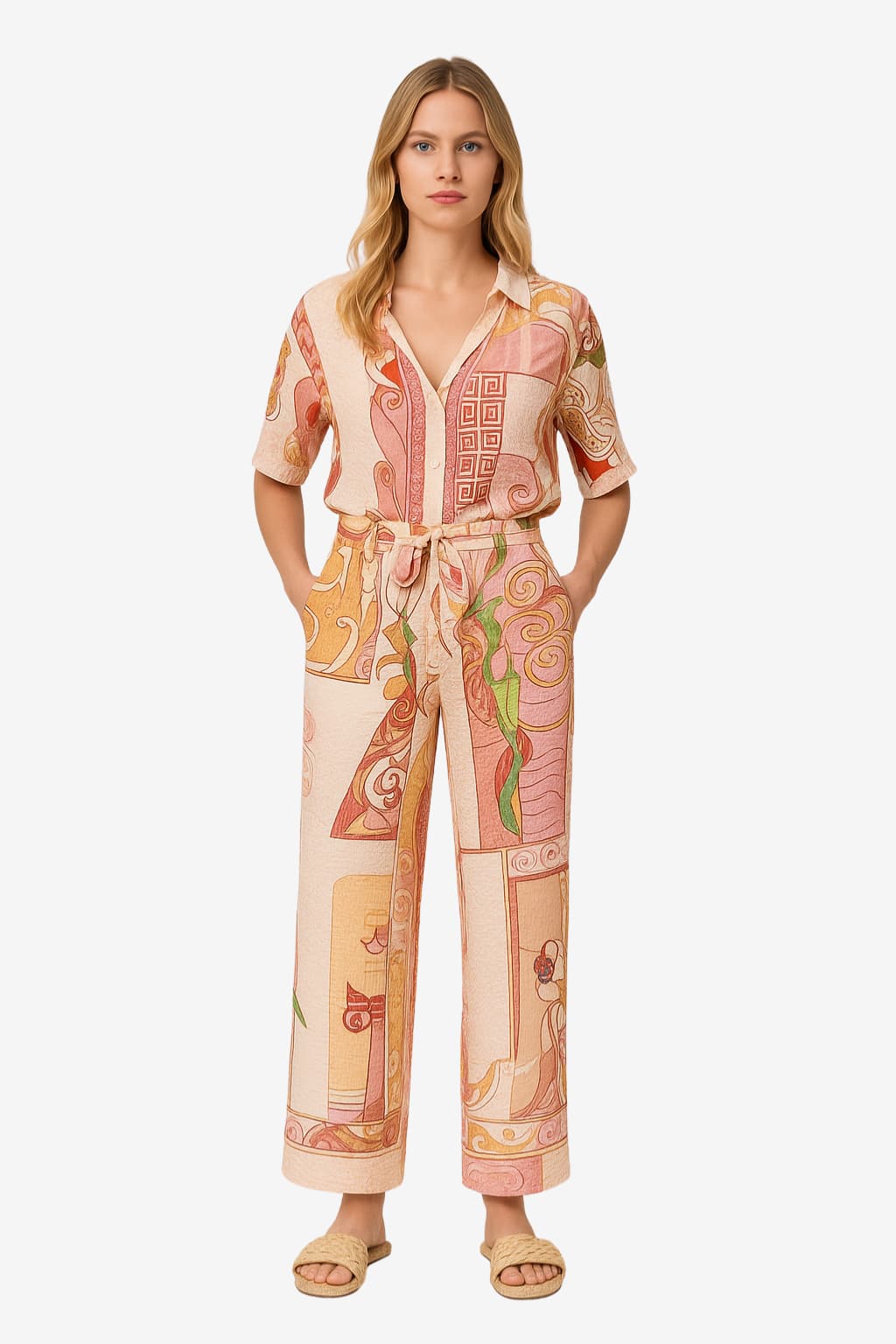 Women's Linen Two-Piece Set - Relaxed Fit V-Neck Top &amp; Elastic Waist Trousers