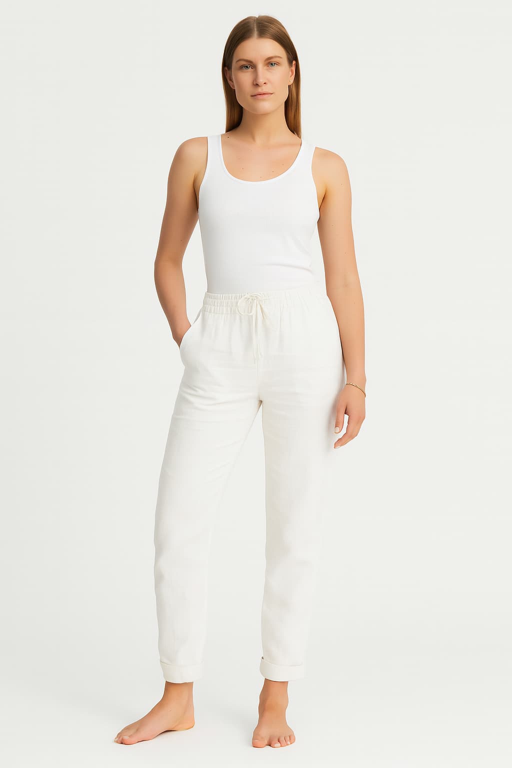 Women's Linen Trousers Loose Fit Elastic Waist Drawstring