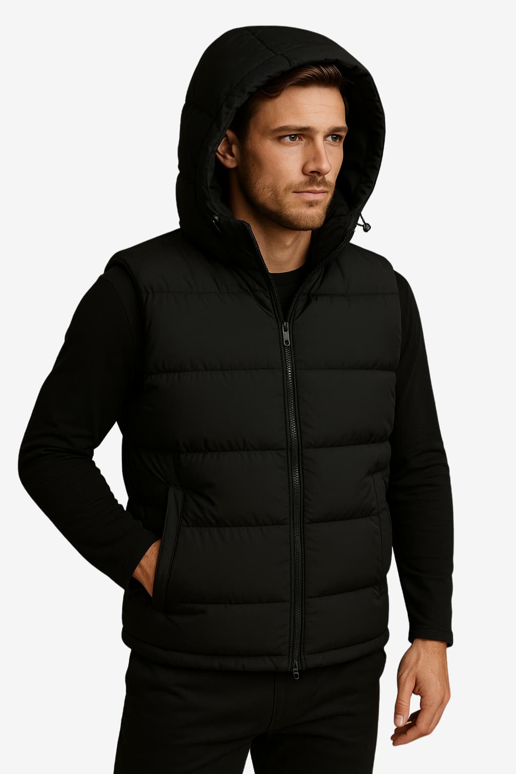 Men's Quilted Padded Vest with Removable Hood, Zipped Pockets