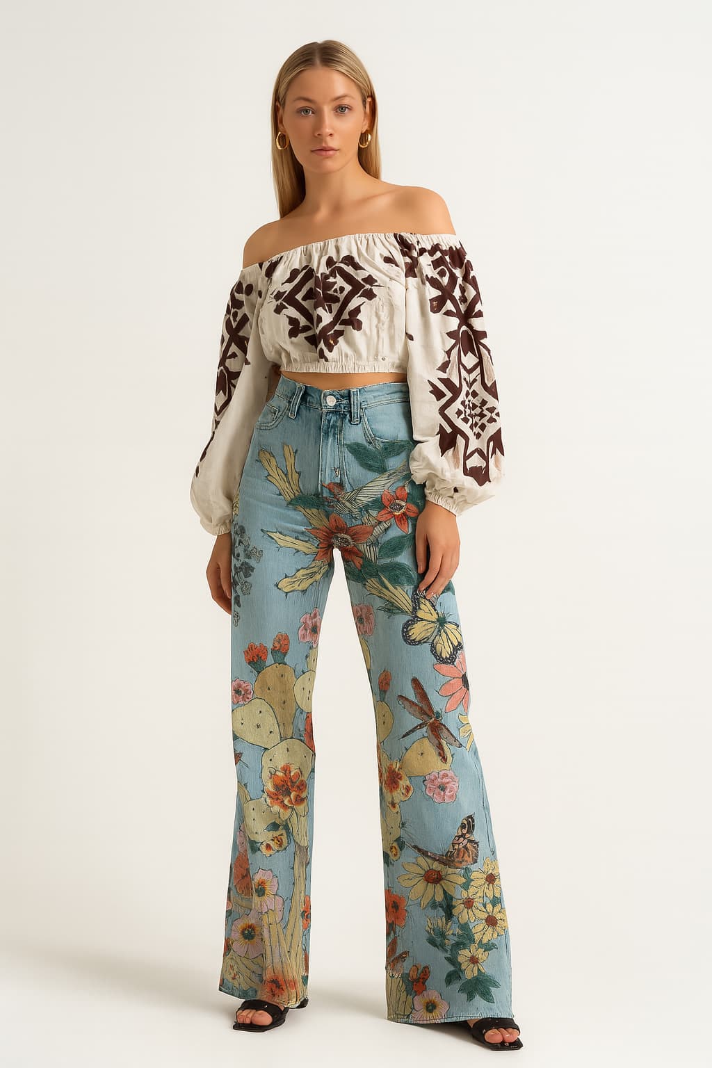 Women's Vintage Daisy Print Wide-Leg Trousers High-Waisted