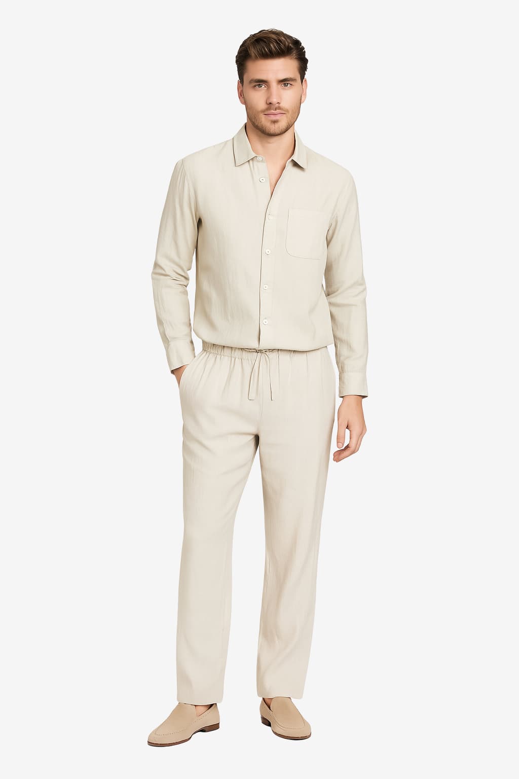 Men’s Linen Look Shirt and Trousers Set Casual Fit