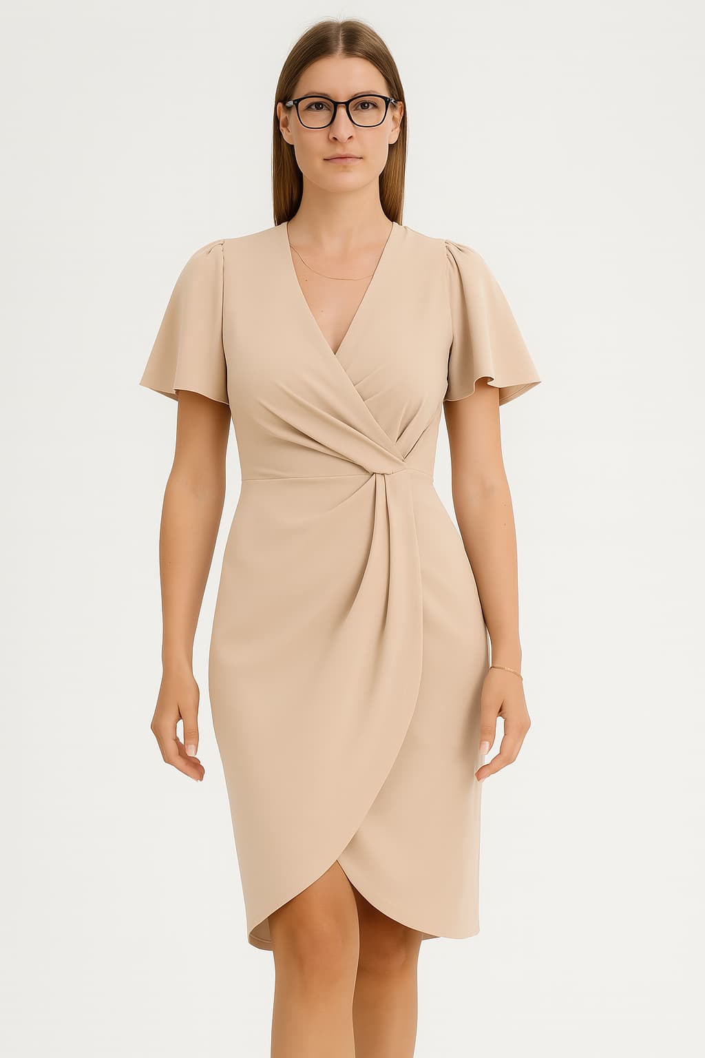 Women's Fitted Wrap Dress V-Neck Flutter Sleeve Midi
