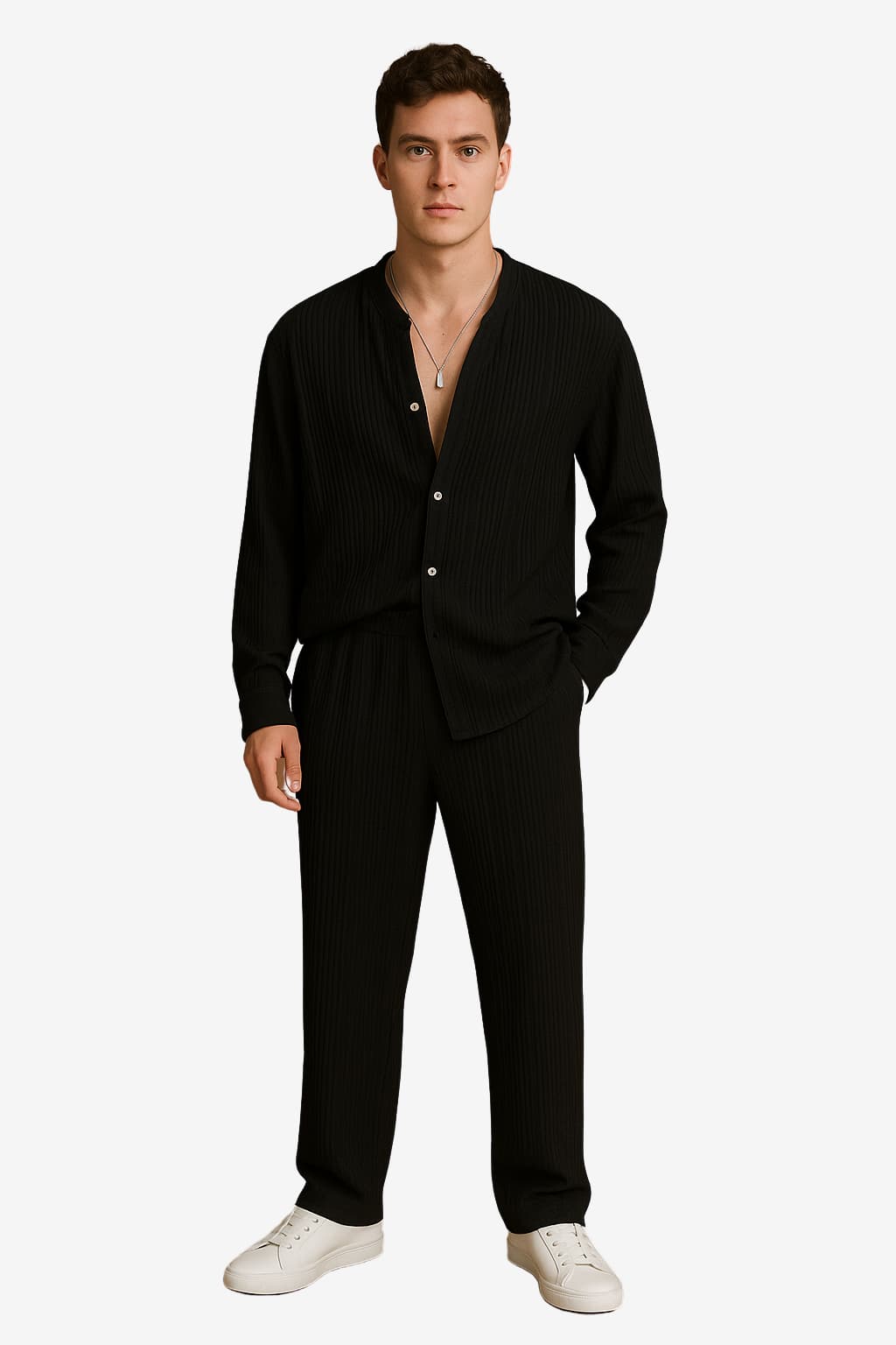 Men's Pleated Lounge Set - Long Sleeve Shirt &amp;Elastic Waist Trousers