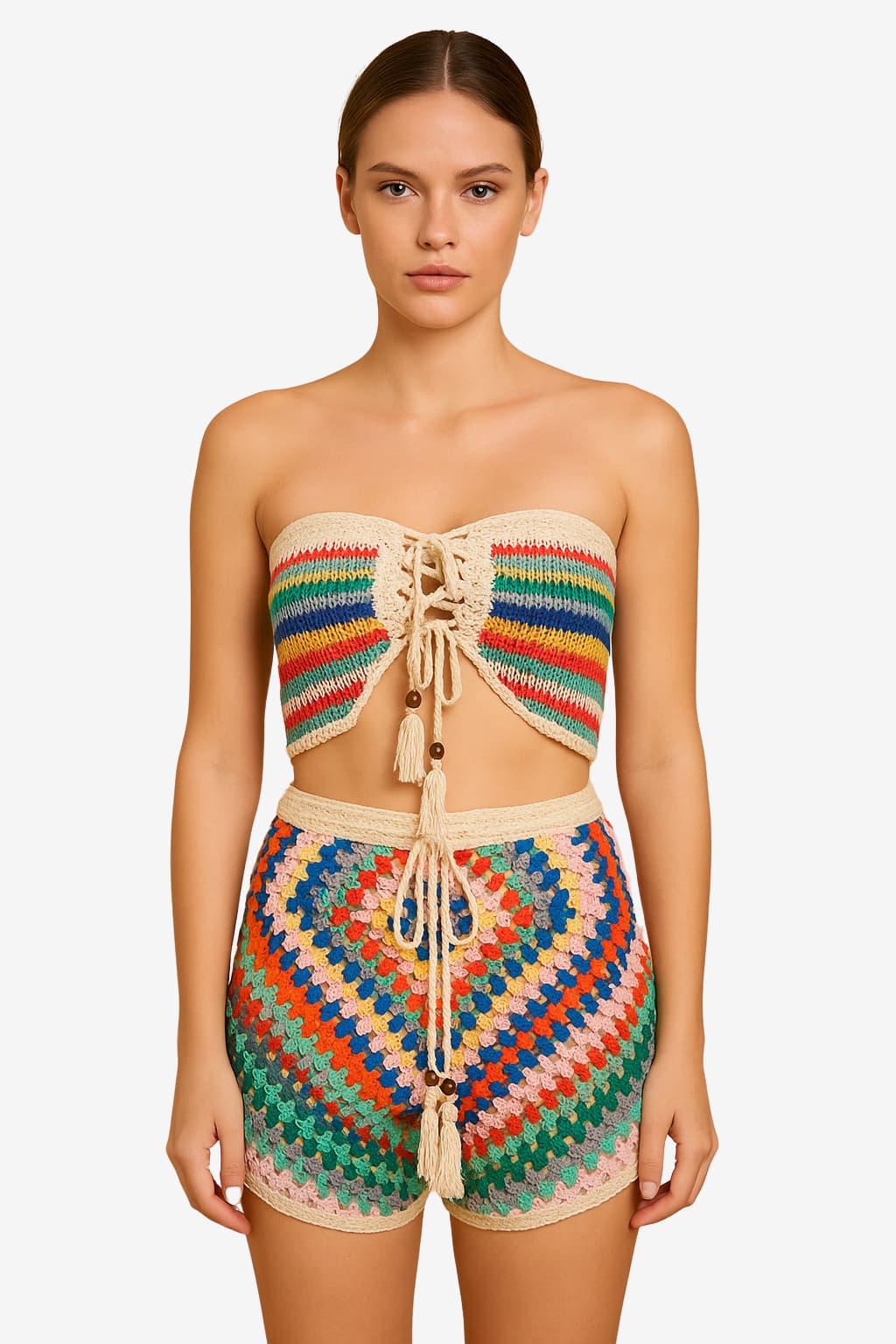 Women's Crochet Two-Piece Set Khaki Bandeau Top and Shorts