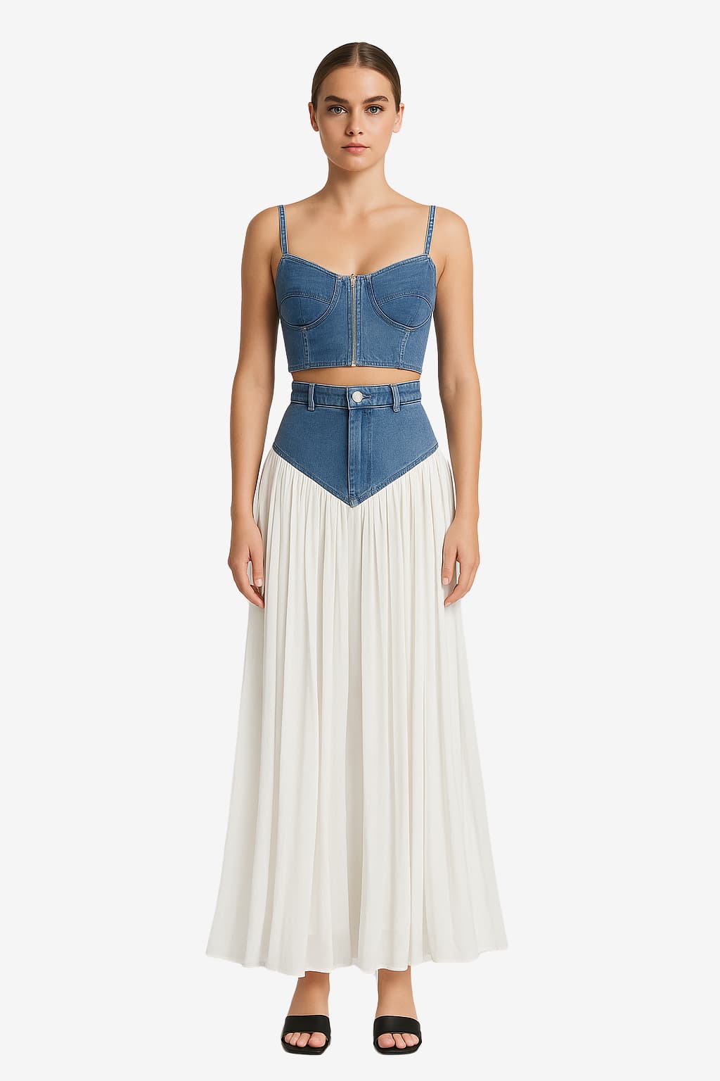 Women's Denim Crop Top &amp; Chiffon Maxi Skirt Set