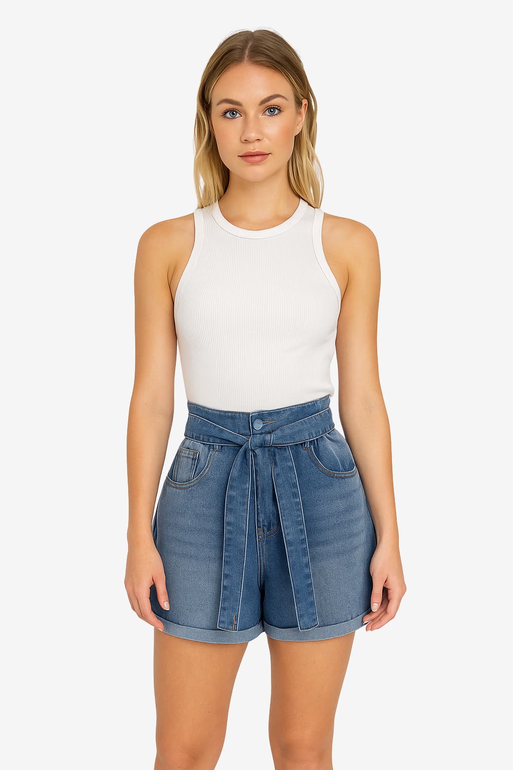 Women's High-Waisted Denim Belted Shorts