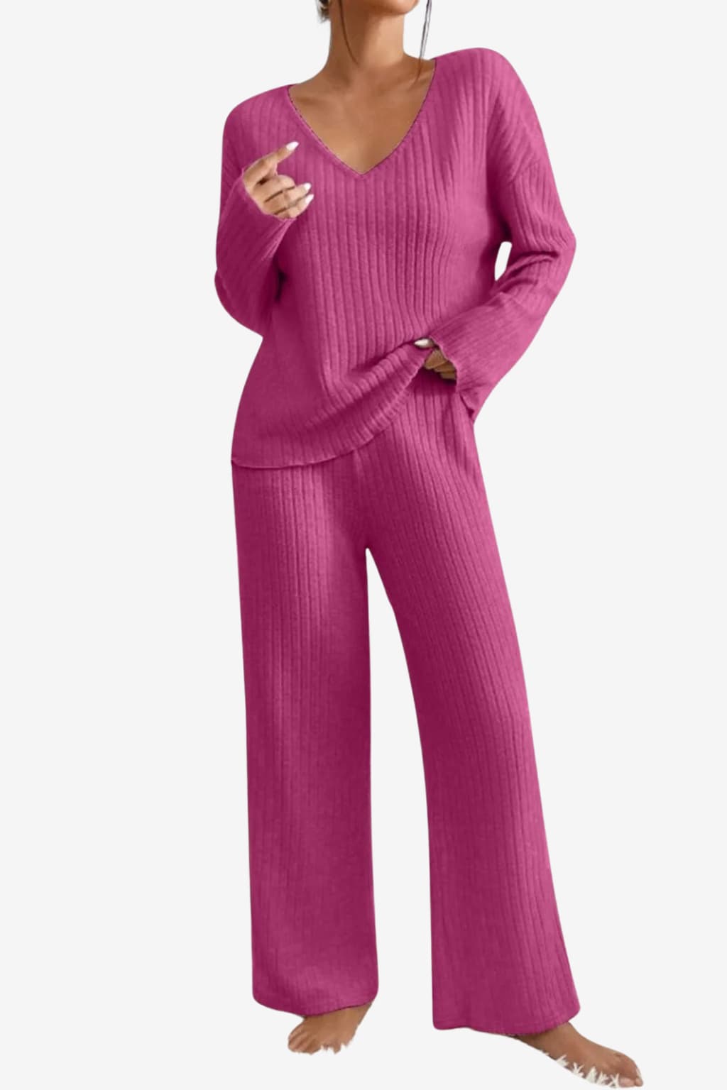 Women’s Ribbed Knit Lounge Set V-Neck Top Trousers