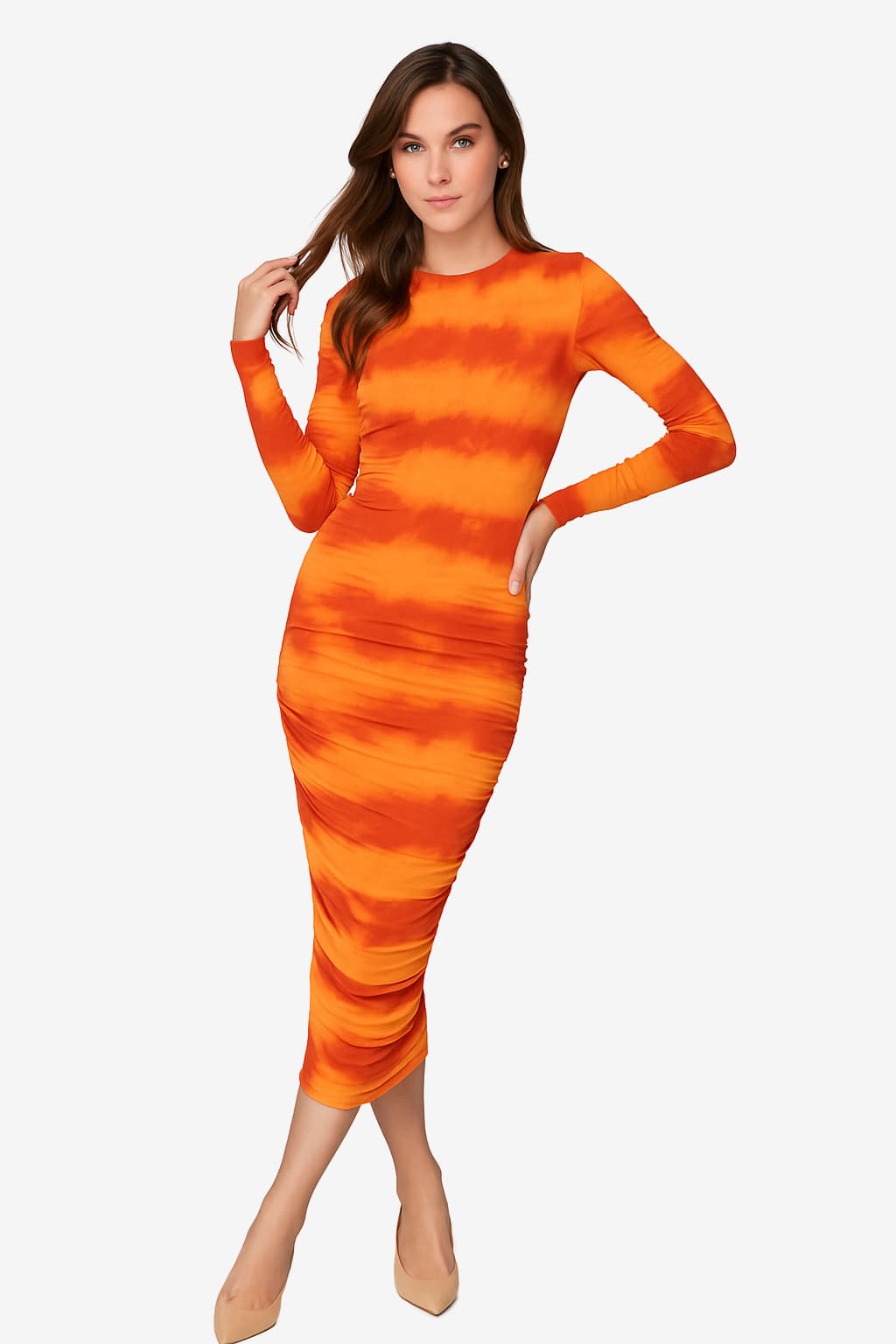 Women's Midi Ruched Long Sleeve Bodycon Dress