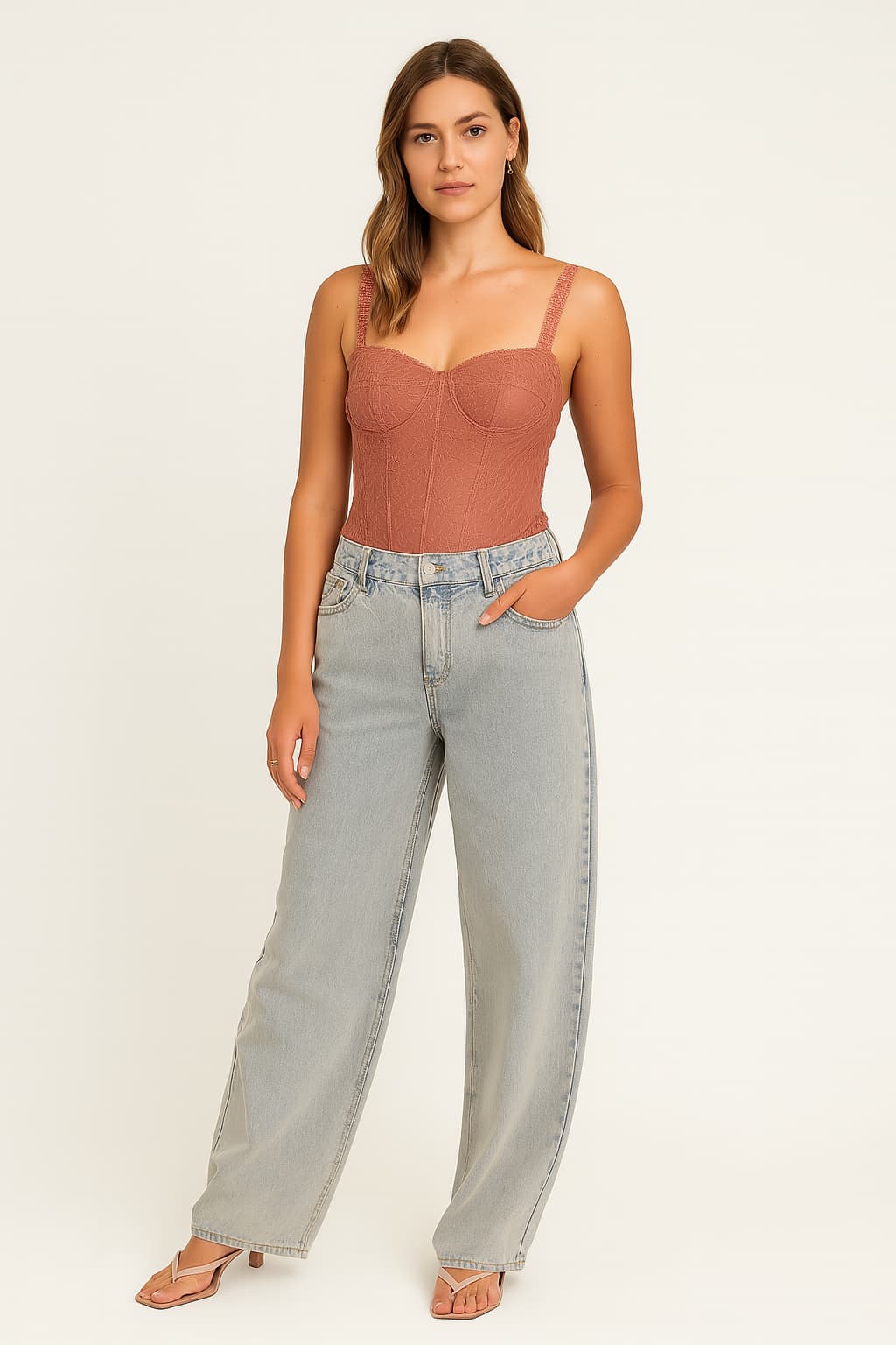 Women's Low-Rise Wide-Leg Jeans Light Wash Bow Pocket Detail