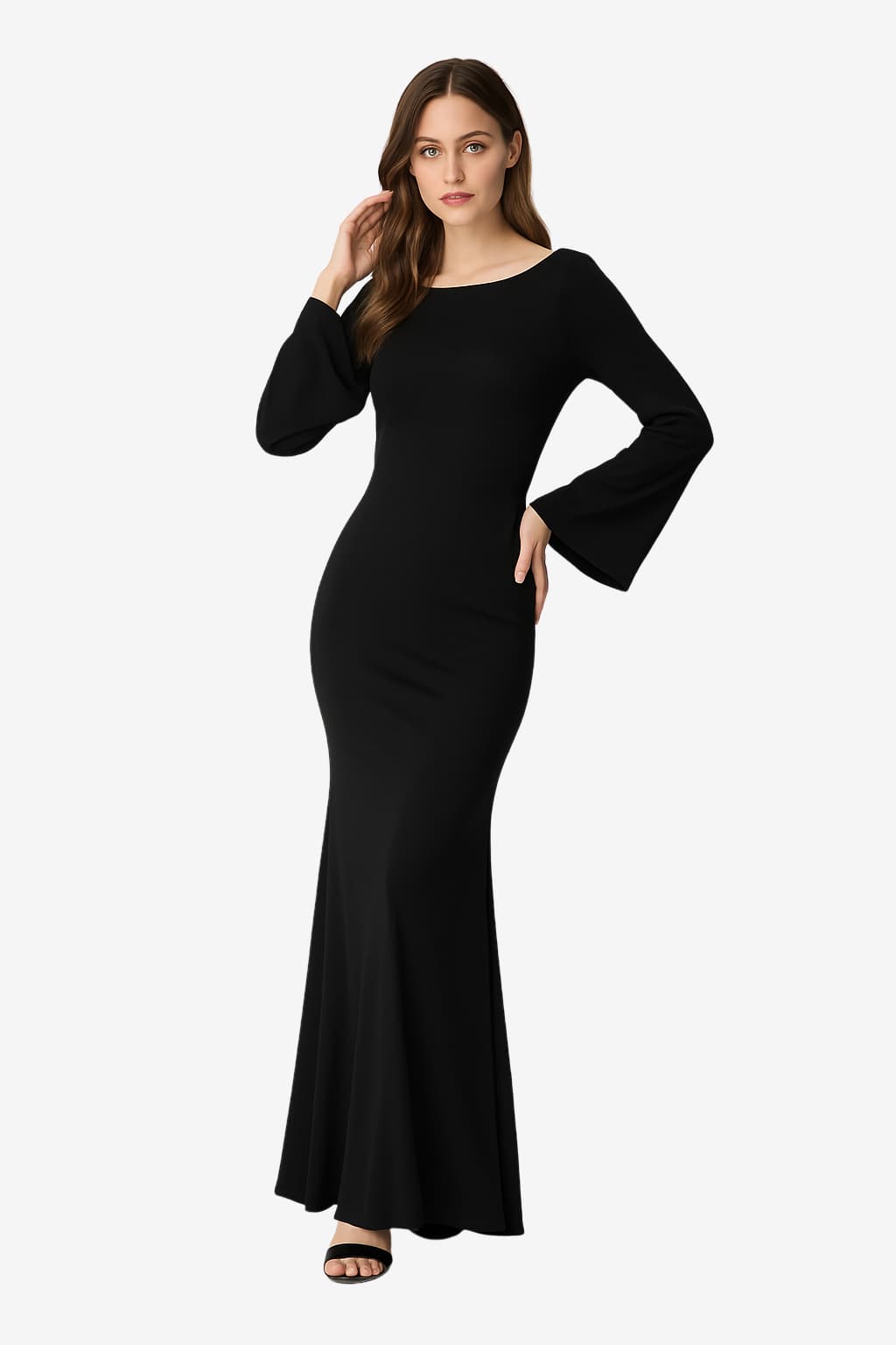 Women's Satin Evening Dress with Flared Sleeves, Maxi Length