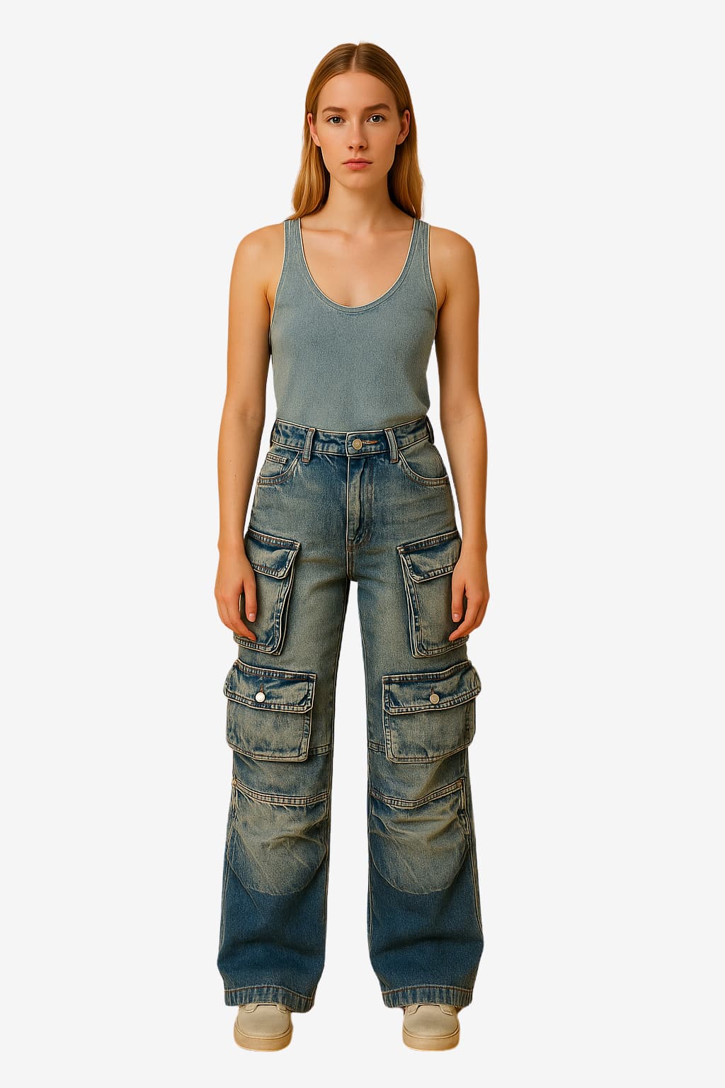 Women's Wide Leg Cargo Jeans High-Waisted Multi - Pocket