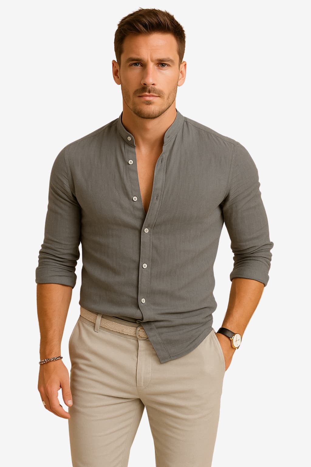 Men’s Linen Shirt Long Sleeve Slim Fit Mandarin Collar