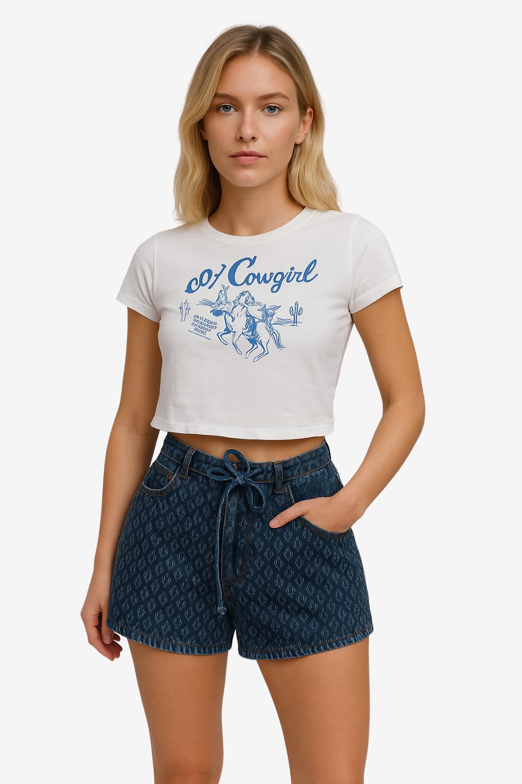 Women's High-Waist Denim Shorts, Relaxed Fit, Drawstring, Mid - Thigh