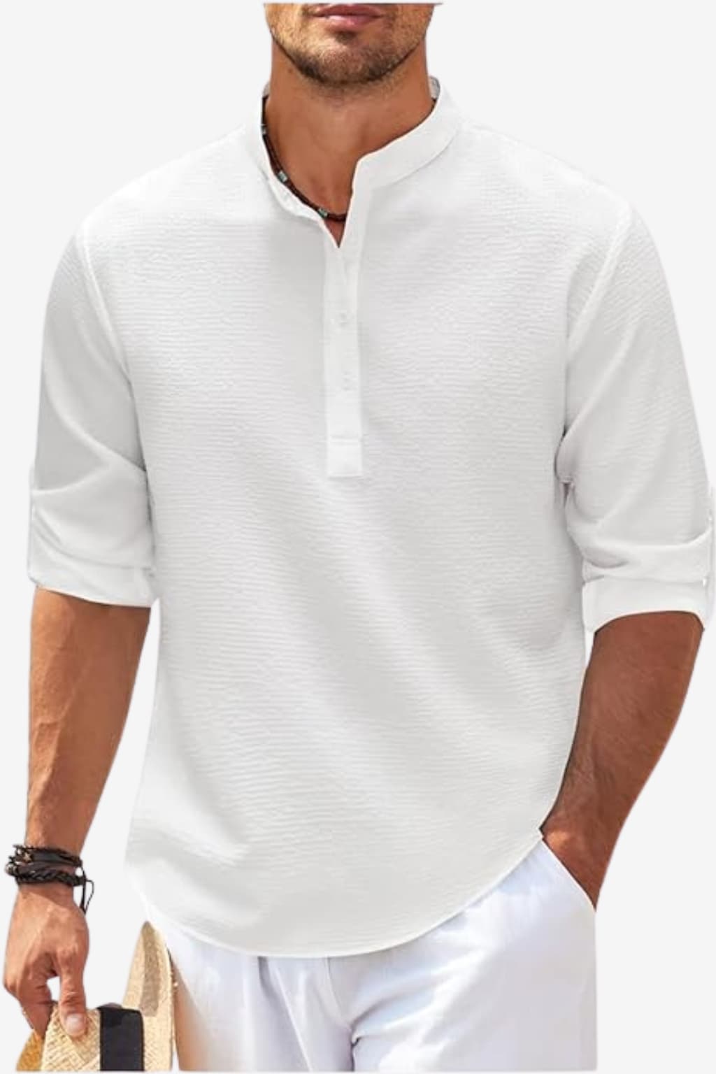 Men’s Linen Blend Shirt Long Sleeve Band Collar Casual