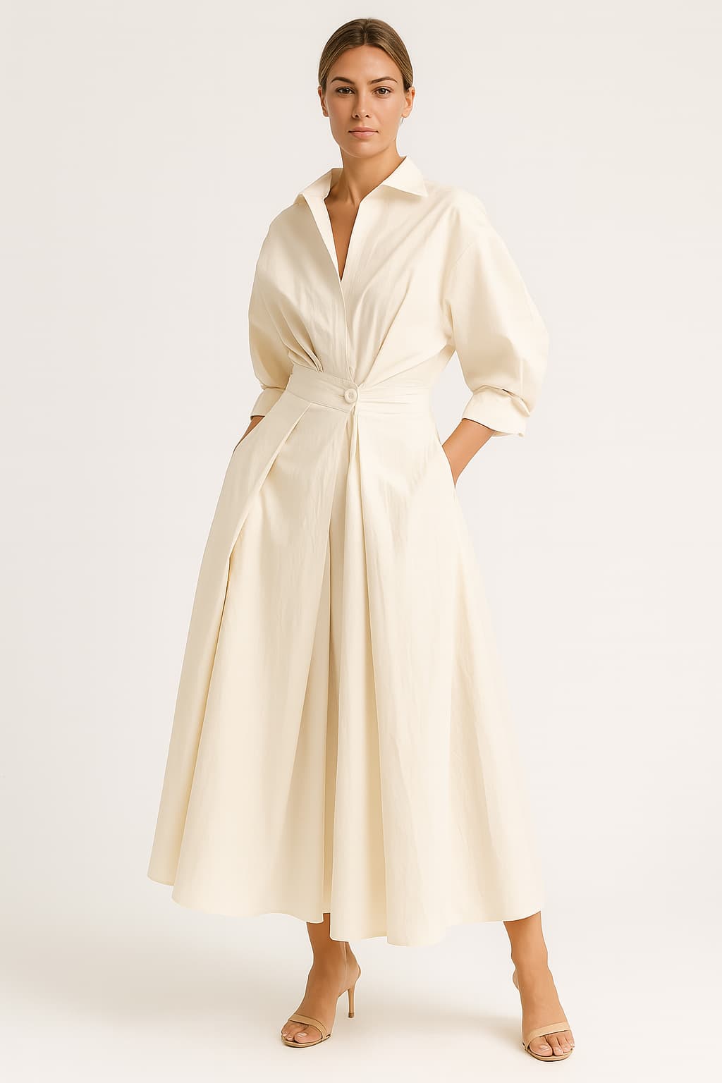 Women's Cotton Long Sleeve Midi Shirt Dress V-Neck