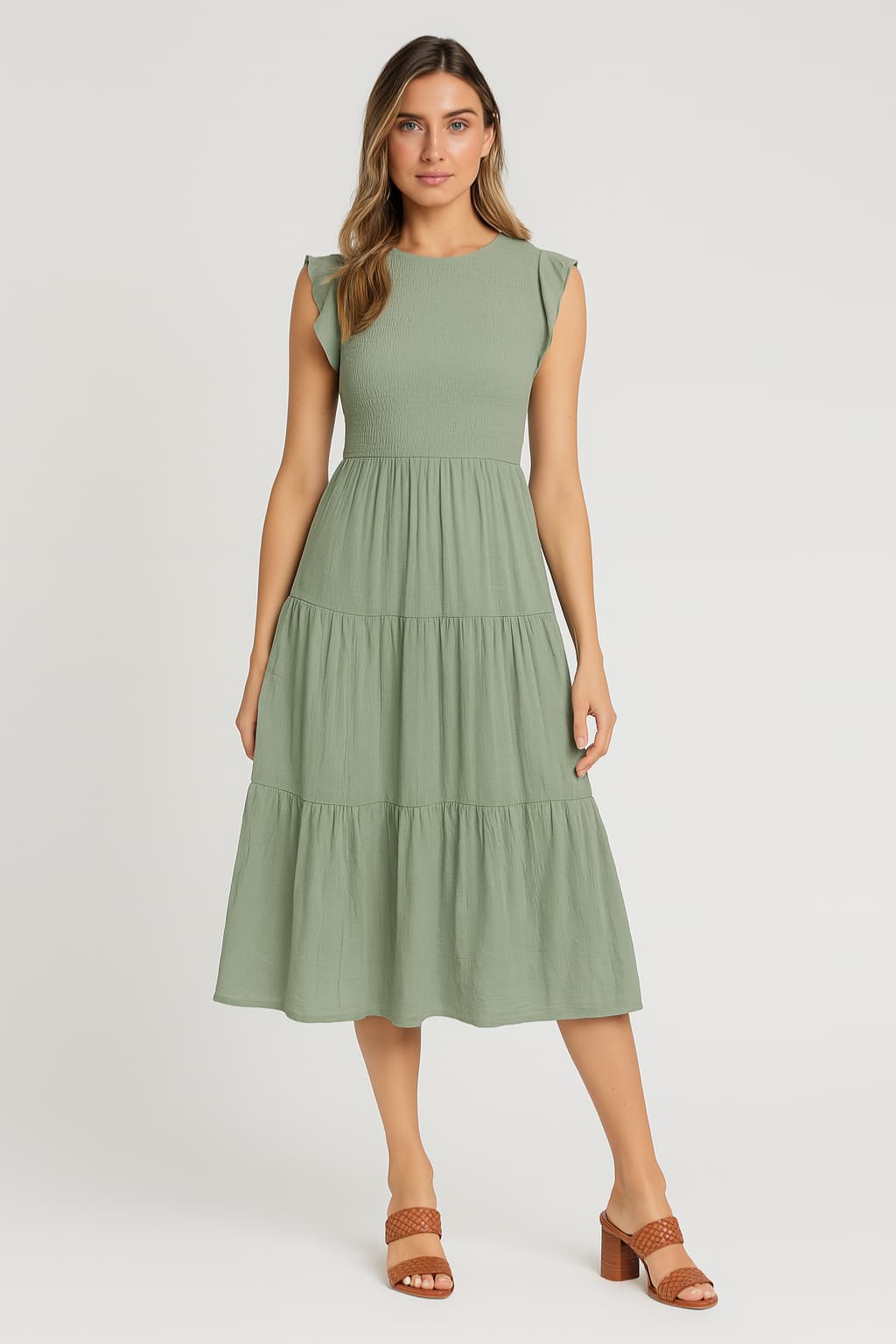 Women's Cotton Pleated Midi Dress Short Sleeve Summer