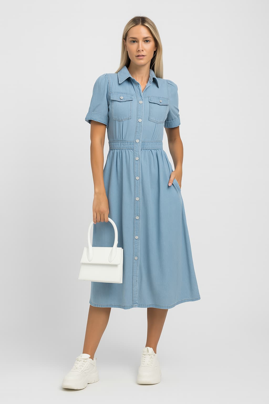 Women's Denim Midi Dress Short Sleeve Button Front