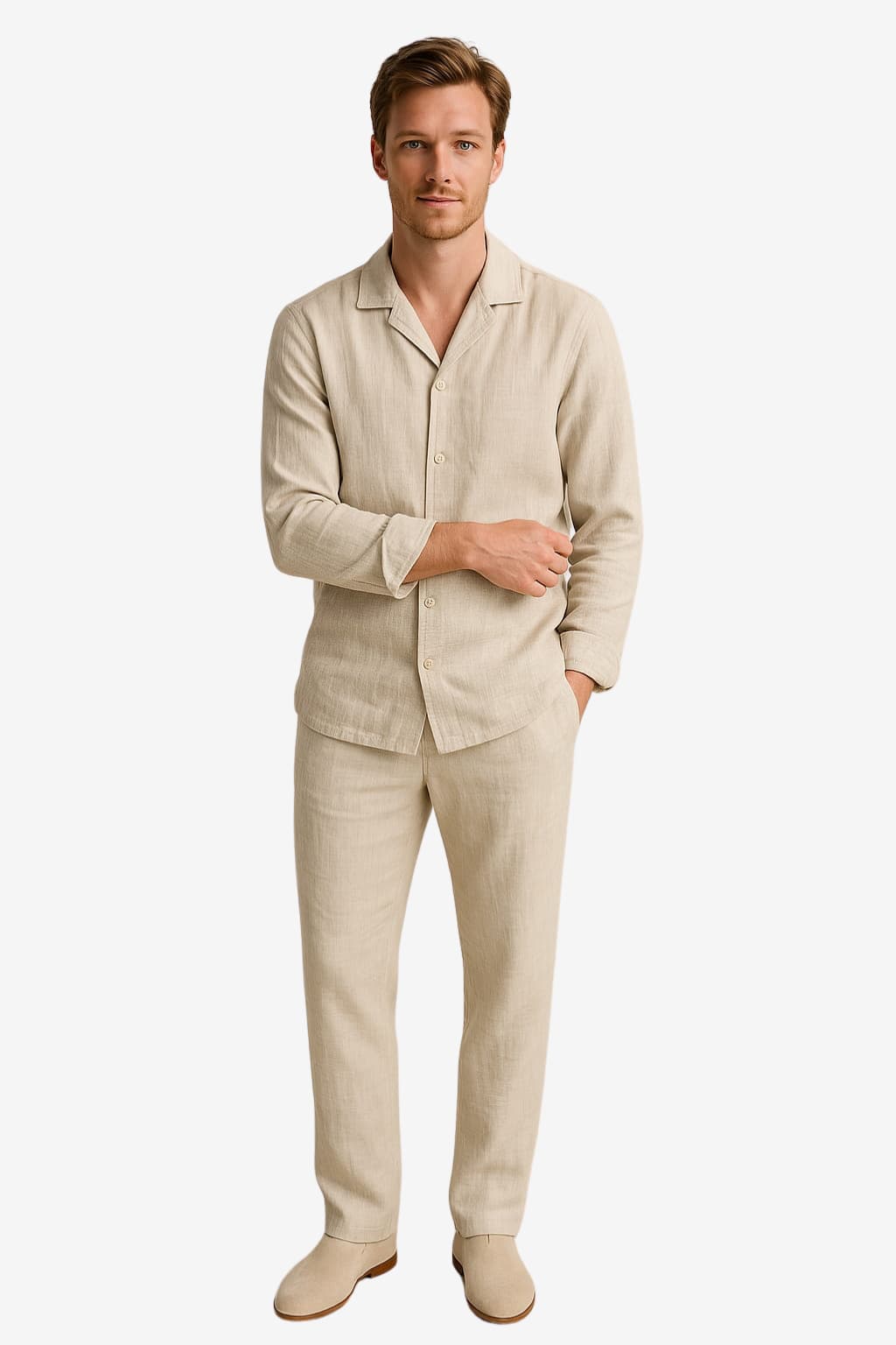 Men's Linen Long - Sleeve Shirt &amp; Trousers Set Relaxed Fit