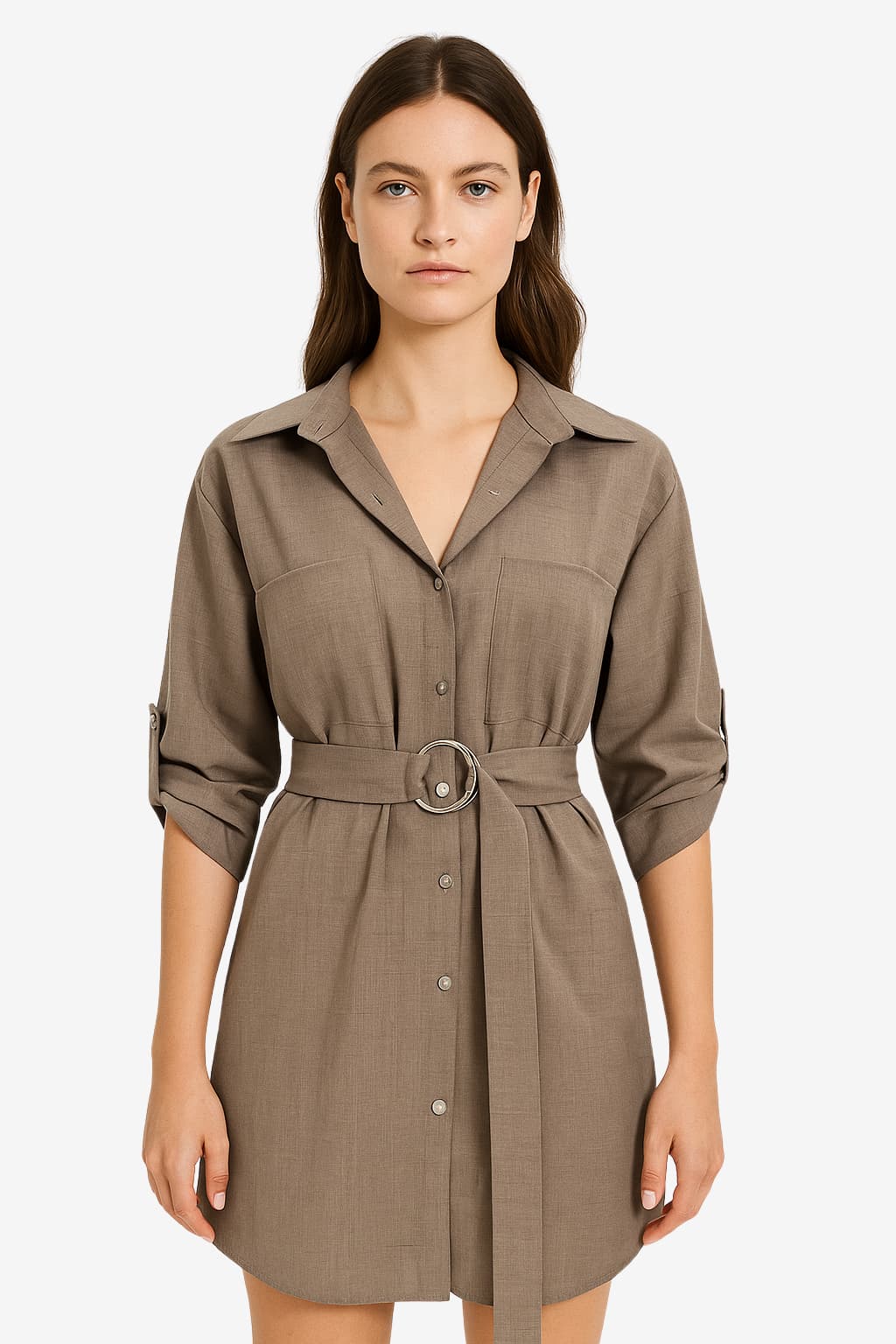 Women's Belted V-Neck Mini Shirt Dress