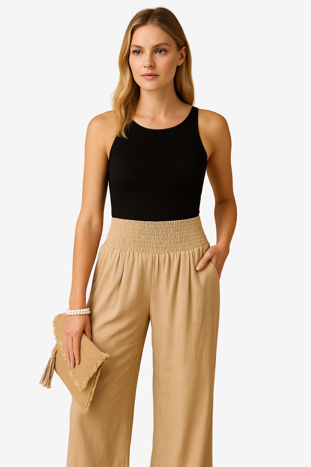 Women’s Wide Leg Linen Trousers - Elastic Waist Summer Fit