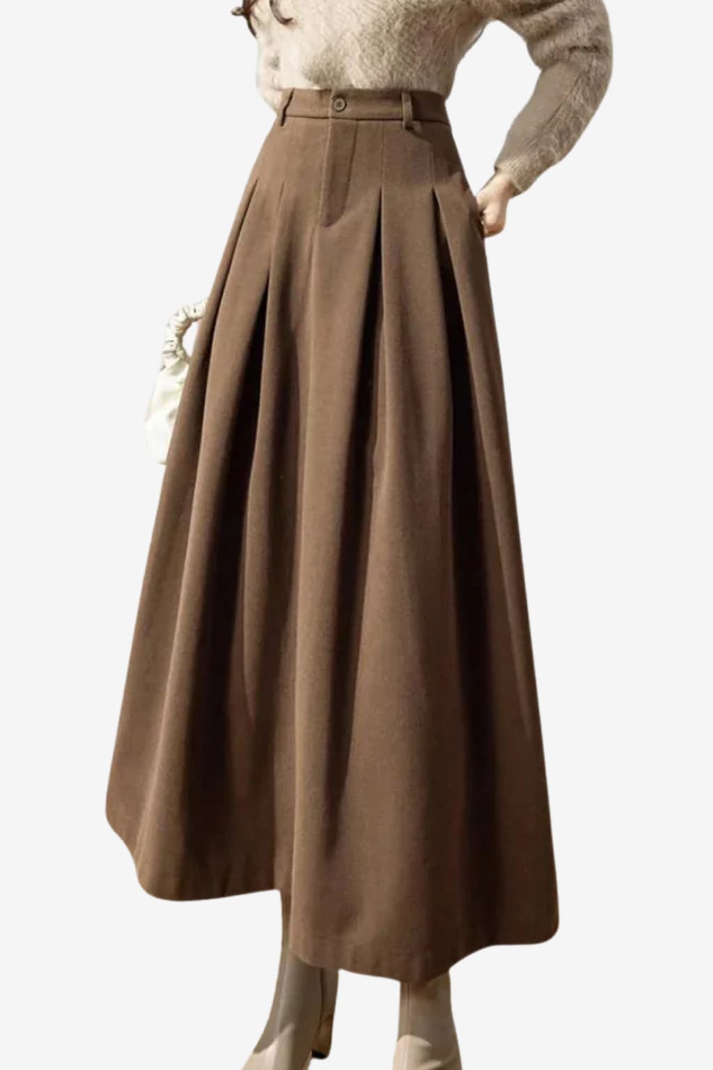 Women’s Wool Pleated Maxi Skirt High Waist Brown