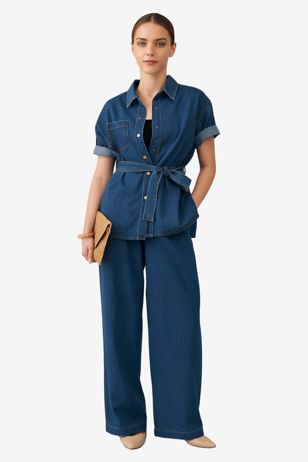 Women's Denim Button Shirt and Wide-Leg Jeans Co-ord Set