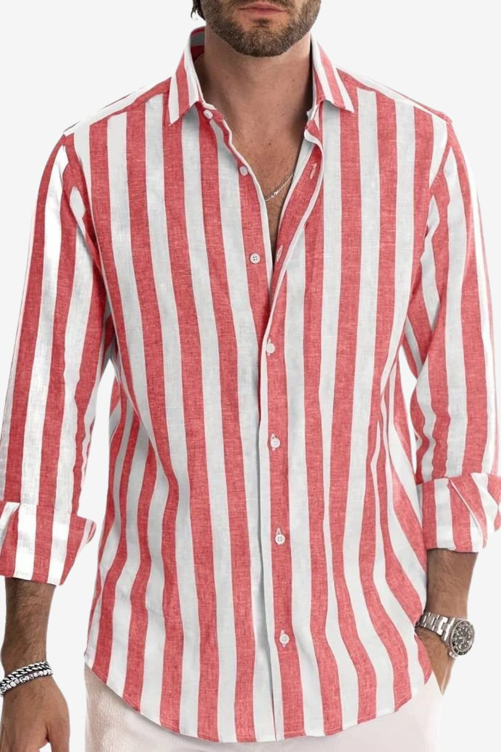 Men’s Long Sleeve Linen Shirt Striped Summer Casual Fit