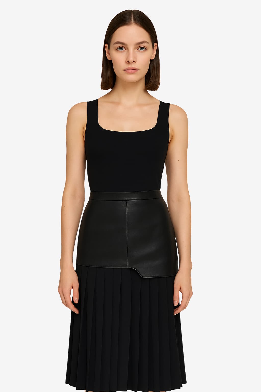 Women's Faux Leather Pleated Midi Skirt Black White High Waist